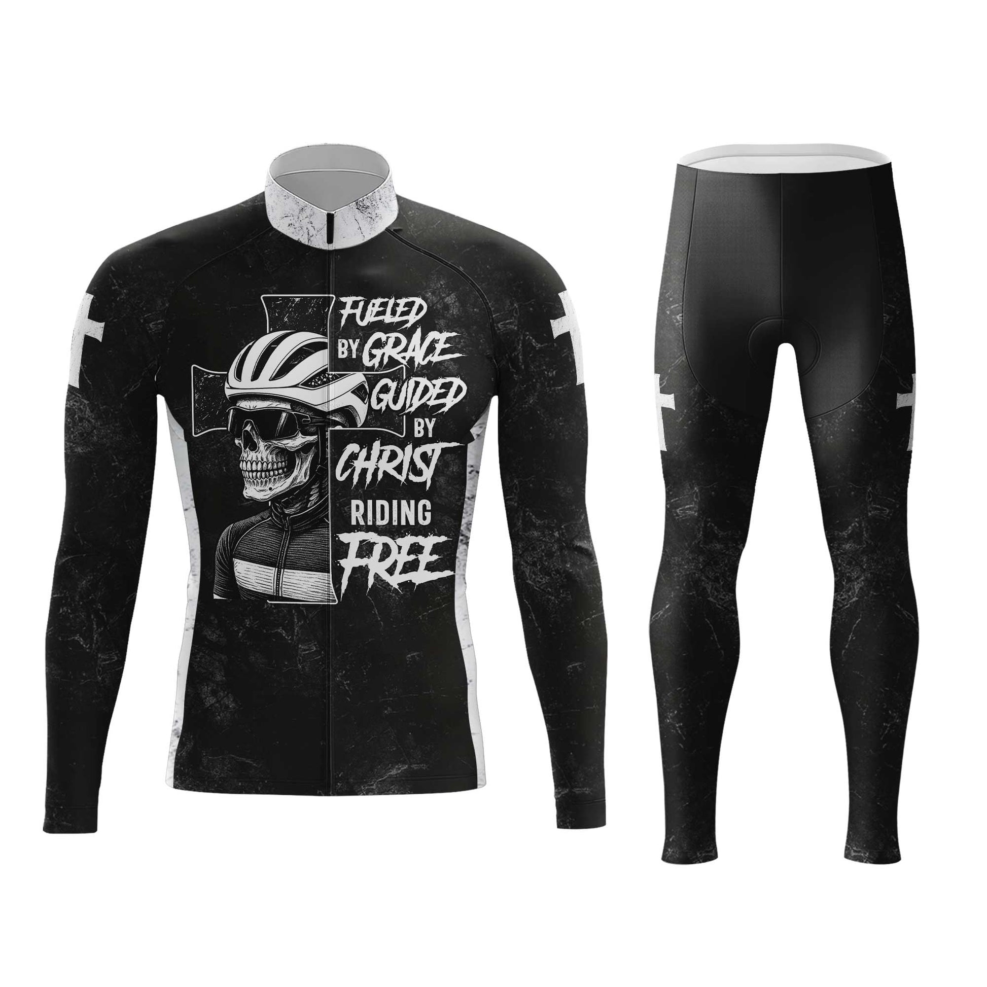 Skull Rider Fueled By Grace Men's Cycling Jersey Set, Road Bike Cycling Kit for Men, Biking Outfit, Bicycle Suit, Team Racing Uniform