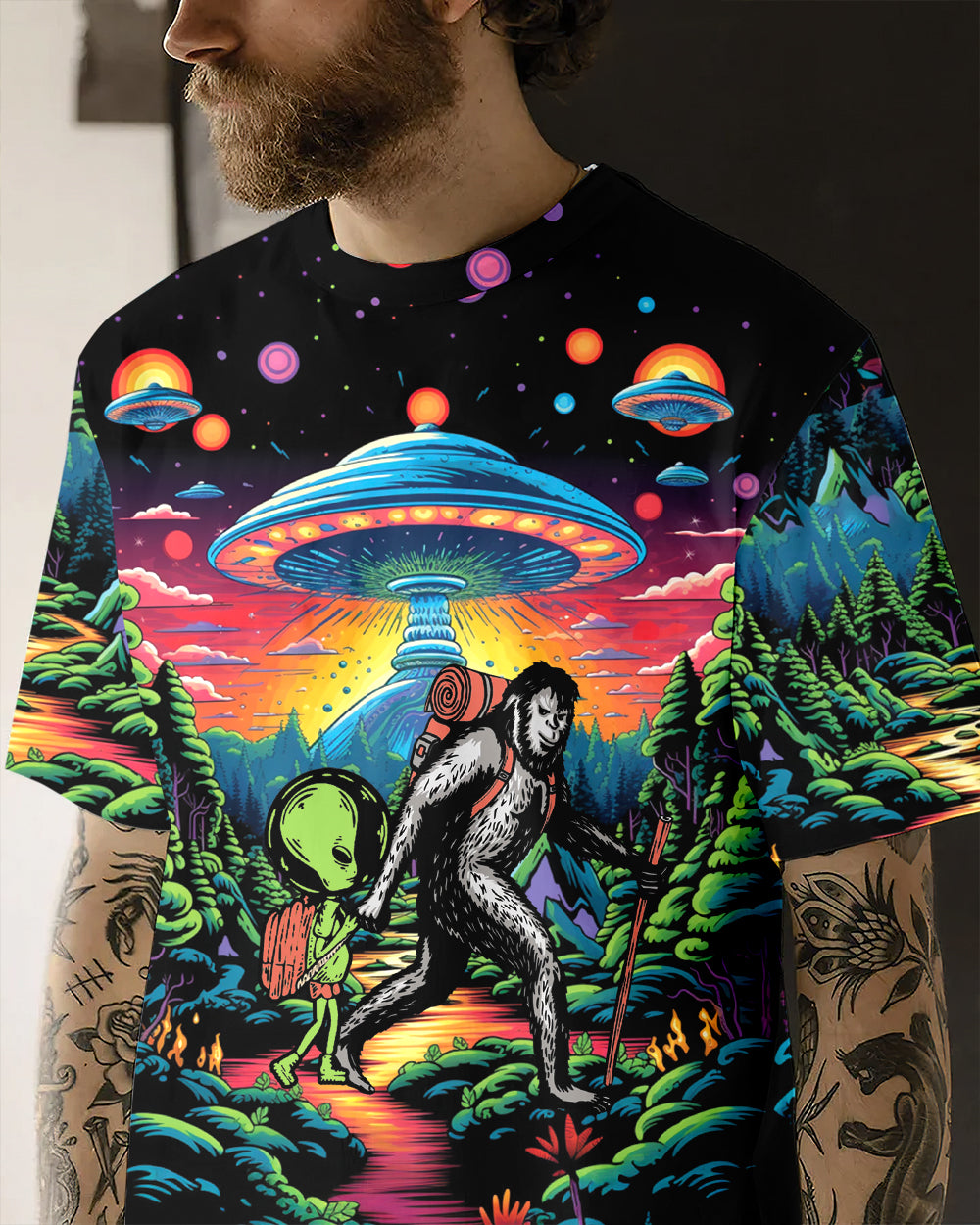 Bigfoot Alien Going Hiking All Over Print Shirt