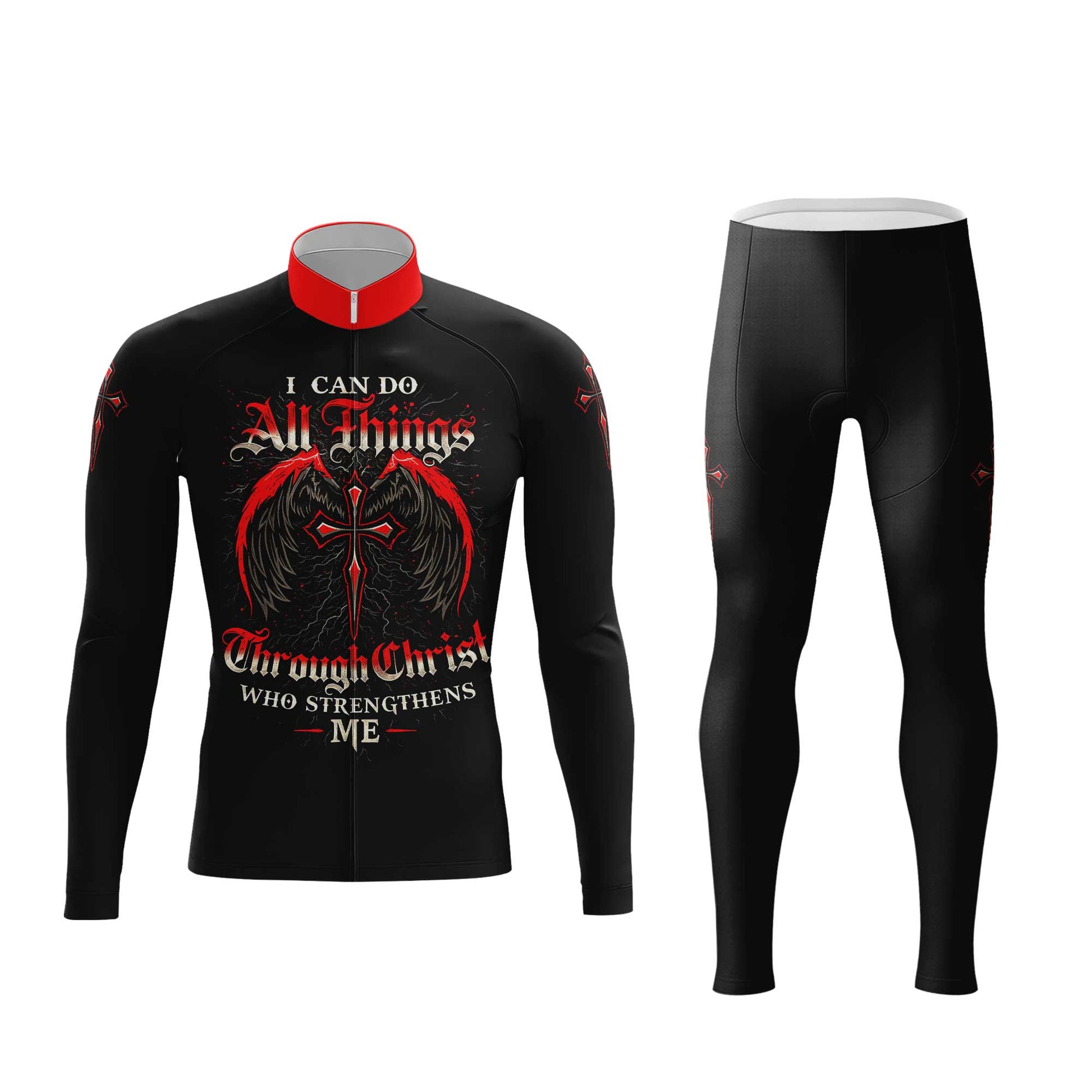 I Can Do All Things Through Christ Men's Cycling Jersey Set, Road Bike Cycling Kit for Men, Biking Outfit, Bicycle Suit, Team Racing Uniform