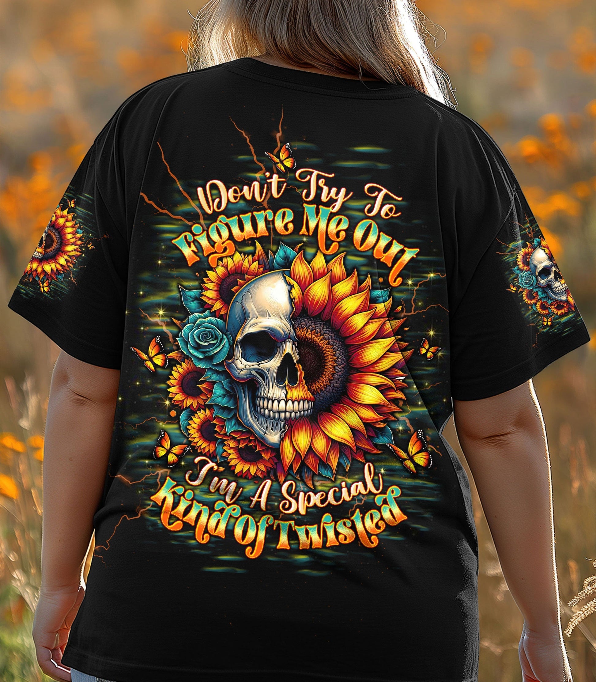 DON'T TRY TO FIGURE ME OUT SKULL SUNFLOWER BLACK ALL OVER PRINT - TLTW2003254