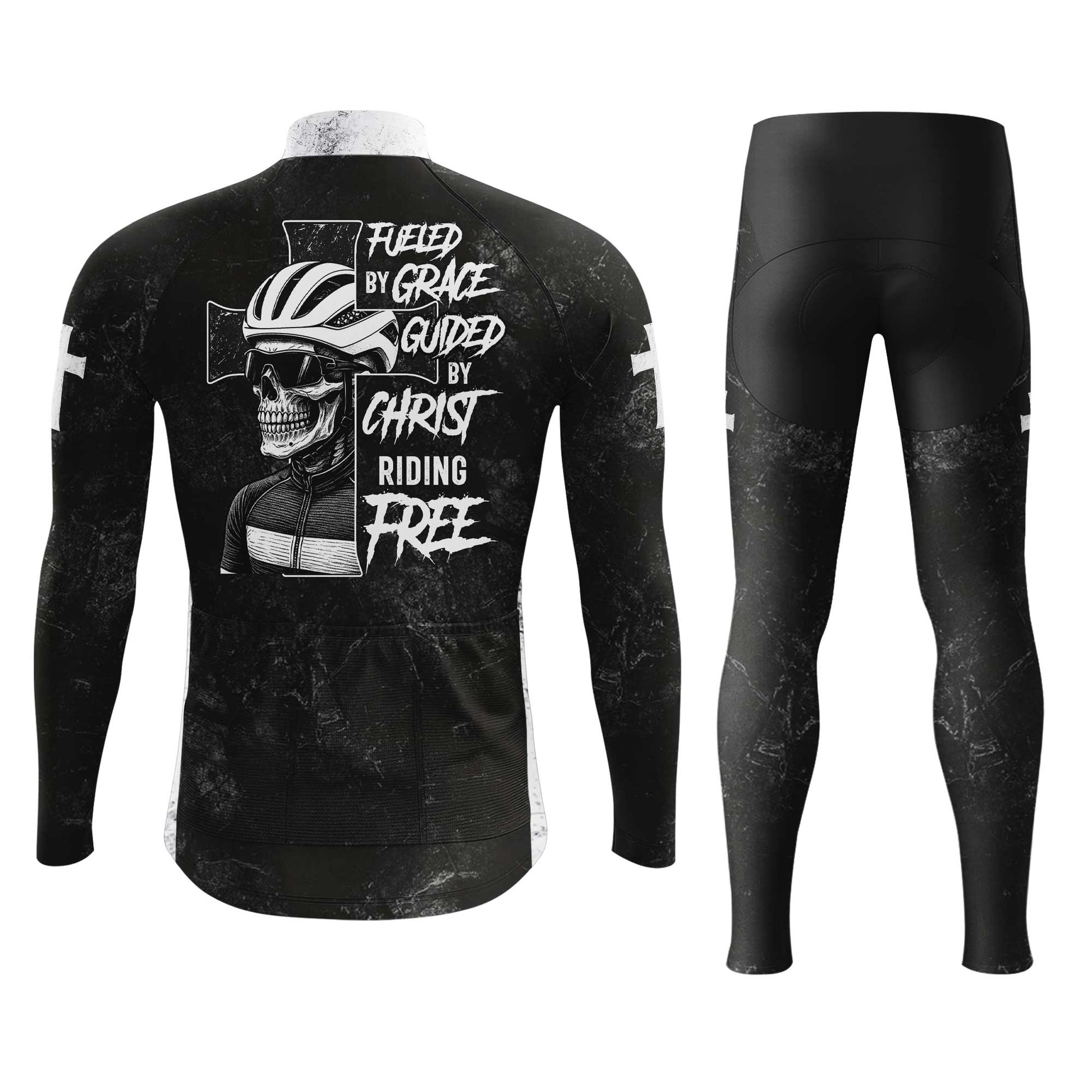 Skull Rider Fueled By Grace Men's Cycling Jersey Set, Road Bike Cycling Kit for Men, Biking Outfit, Bicycle Suit, Team Racing Uniform