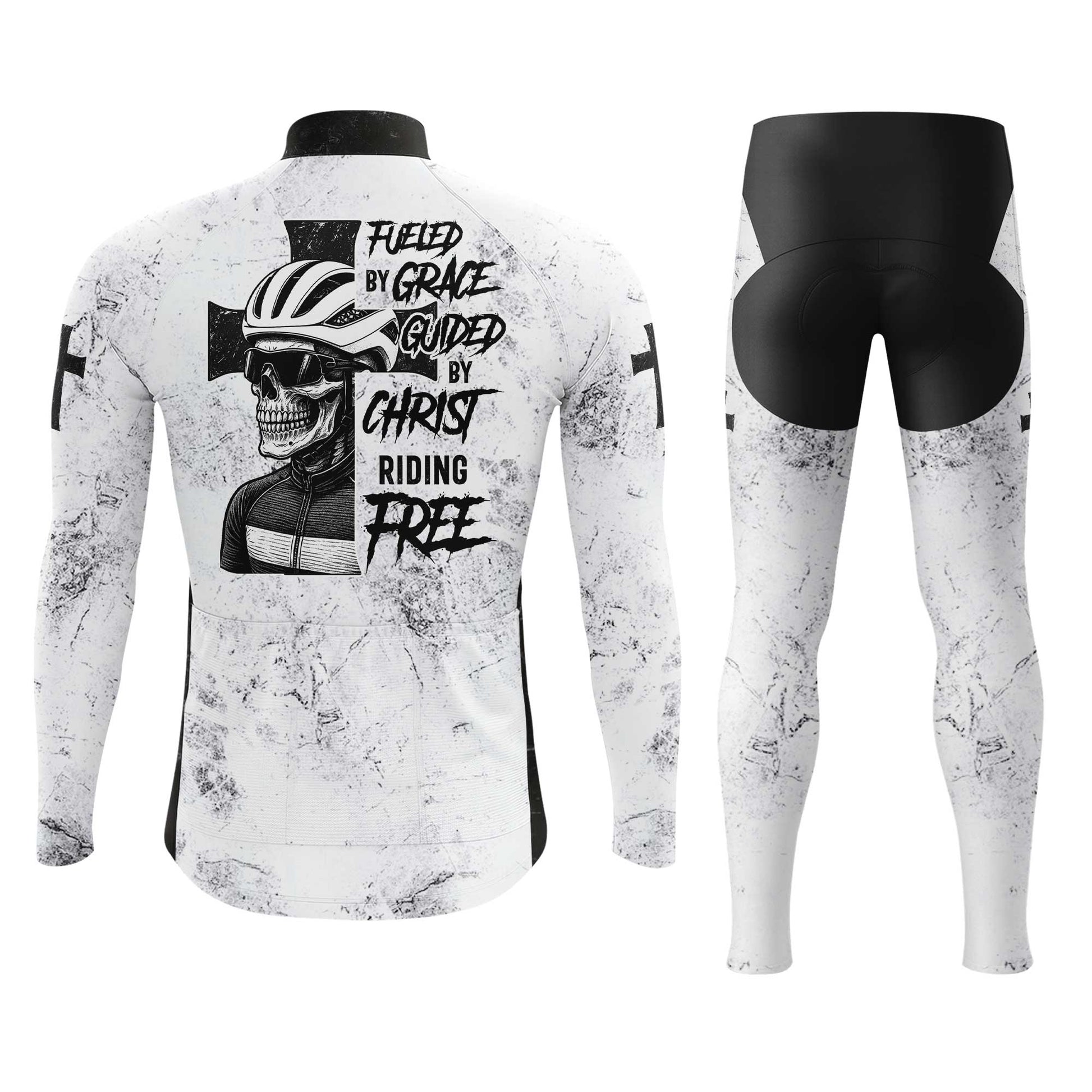 Skull Rider Fueled By Grace Men's Cycling Jersey Set, Road Bike Cycling Kit for Men, Biking Outfit, Bicycle Suit, Team Racing Uniform