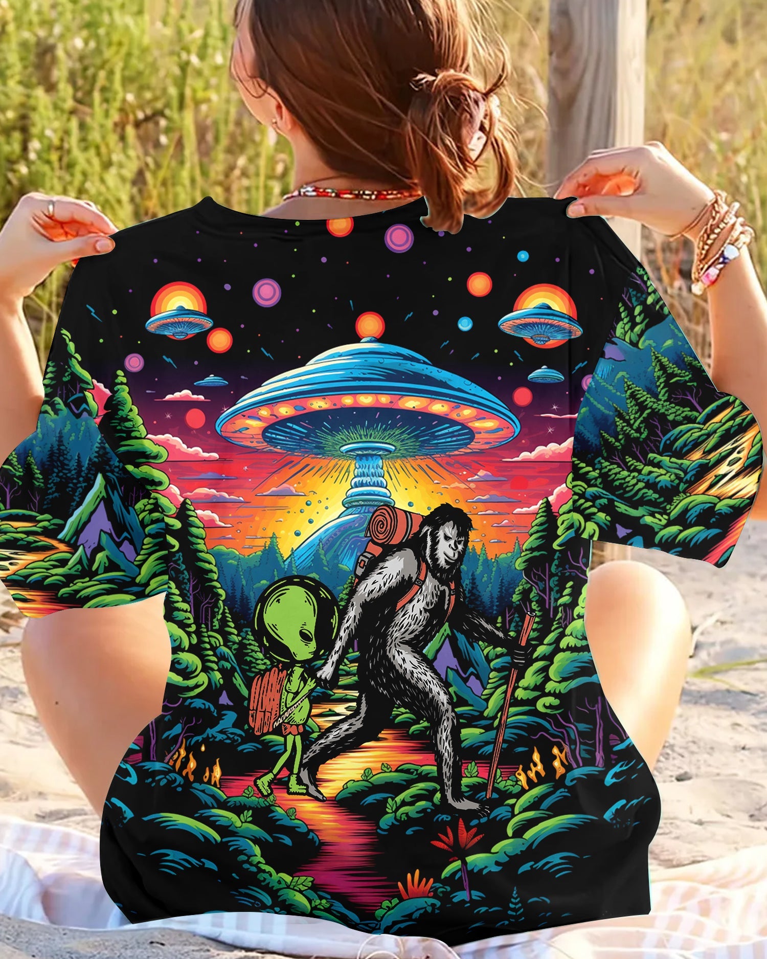 Bigfoot Alien Going Hiking All Over Print Shirt