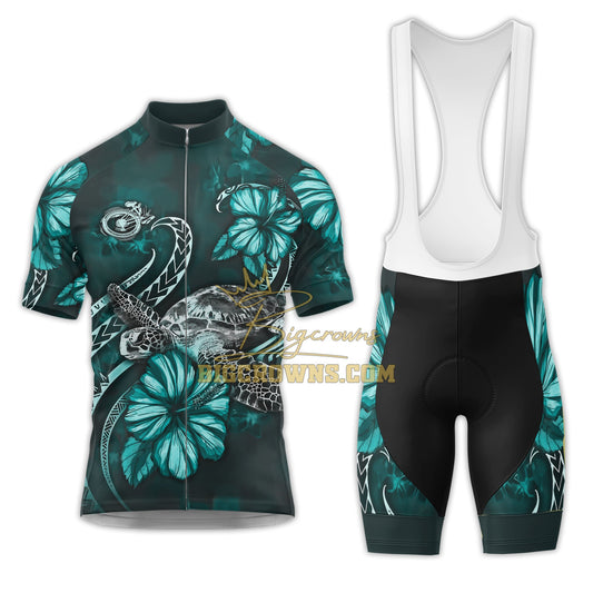 BigCrowns |  Samoa Polynesian Turtle Blooming Hibiscus 2 Cyan Sleeve Cycling Kit