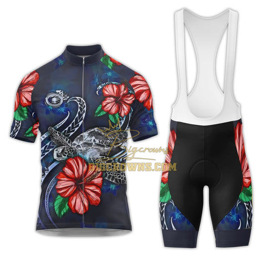 BigCrowns |  Samoa Polynesian Turtle Blooming Hibiscus 3 Blue Sleeve Cycling Kit