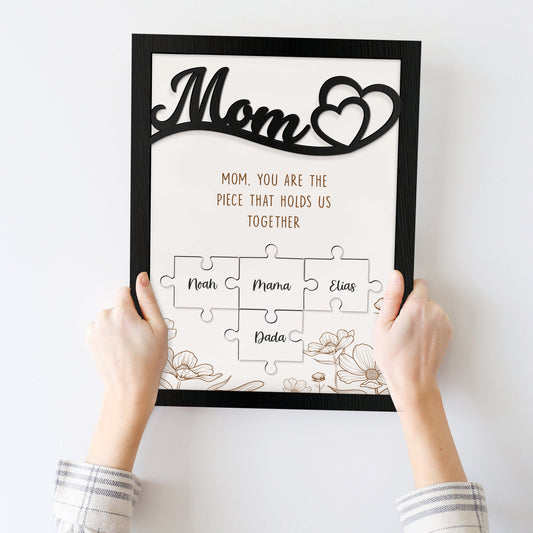 Mom Puzzle Sign With Holder, Mother's Day Gift From Kids, Personalized Unique Engraved Wood Sign