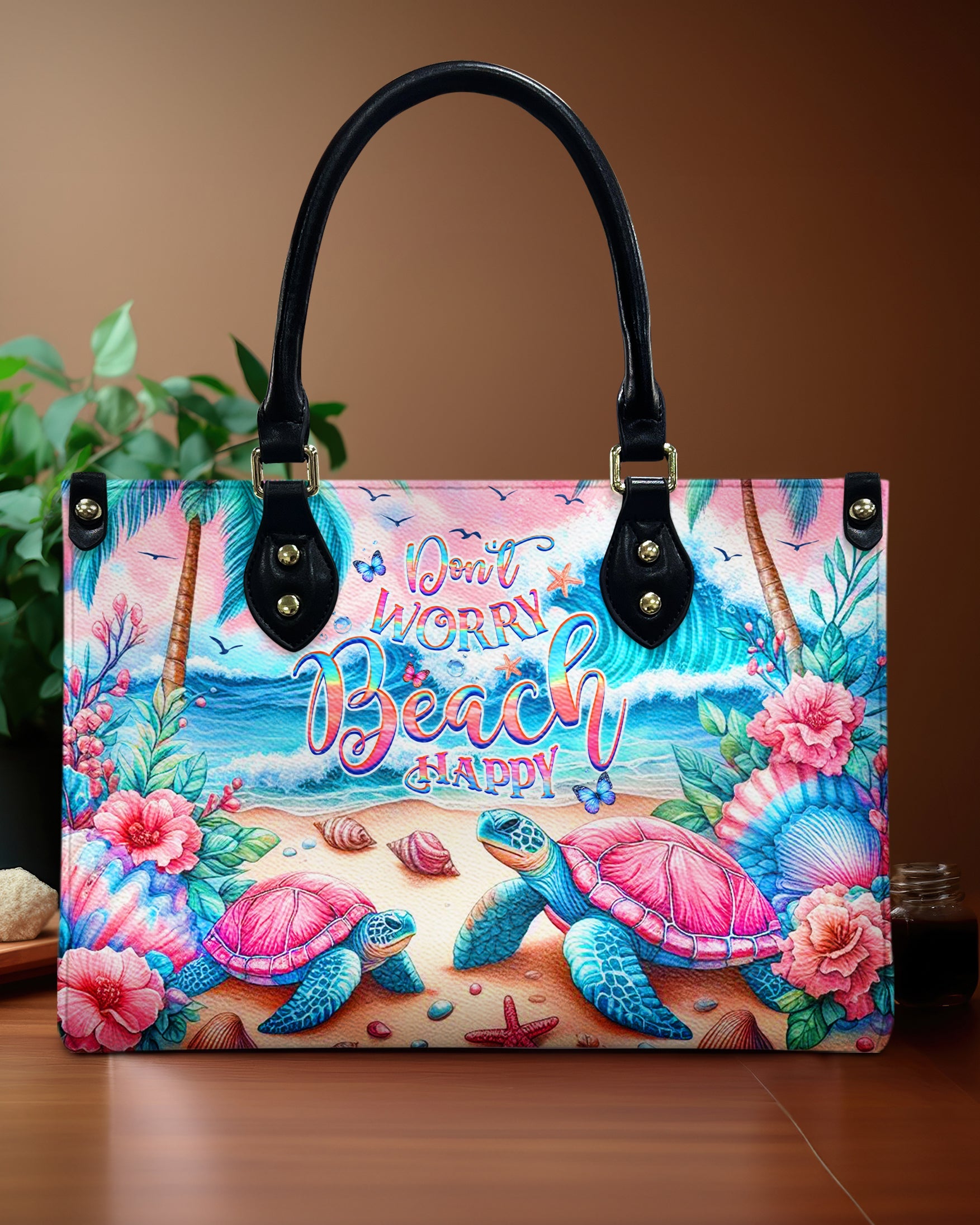 Bigcrowns DON'T WORRY BEACH HAPPY TURTLE LEATHER HANDBAG G3105244