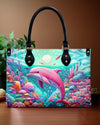 Dolphin In The Ocean Leather Handbag