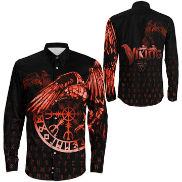 VikingStyle Clothing -Raven Helm of Awe Red Long Sleeve Button Shirt
