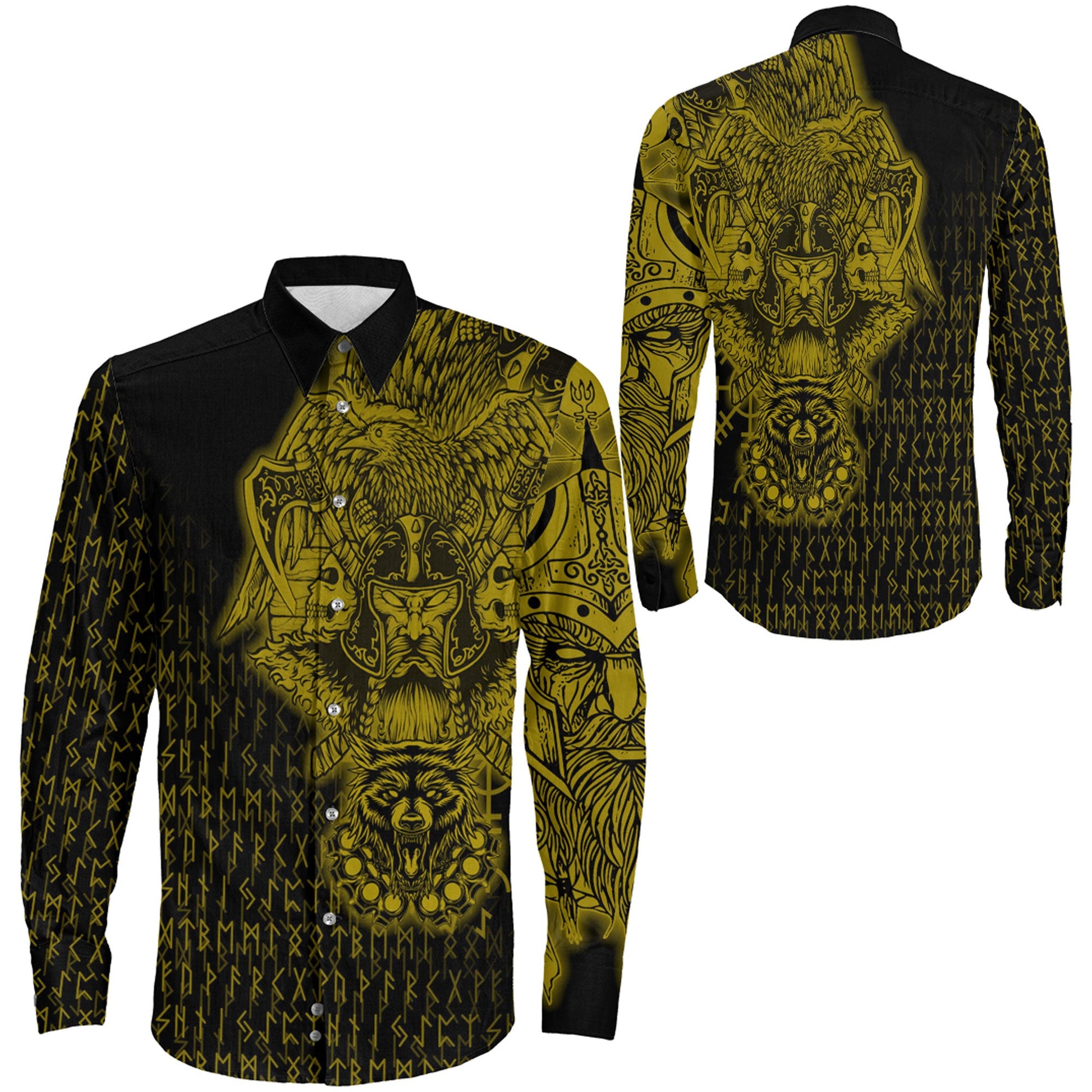 Odin And Raven Wolf Gold Viking Long Sleeve Button Shirt
