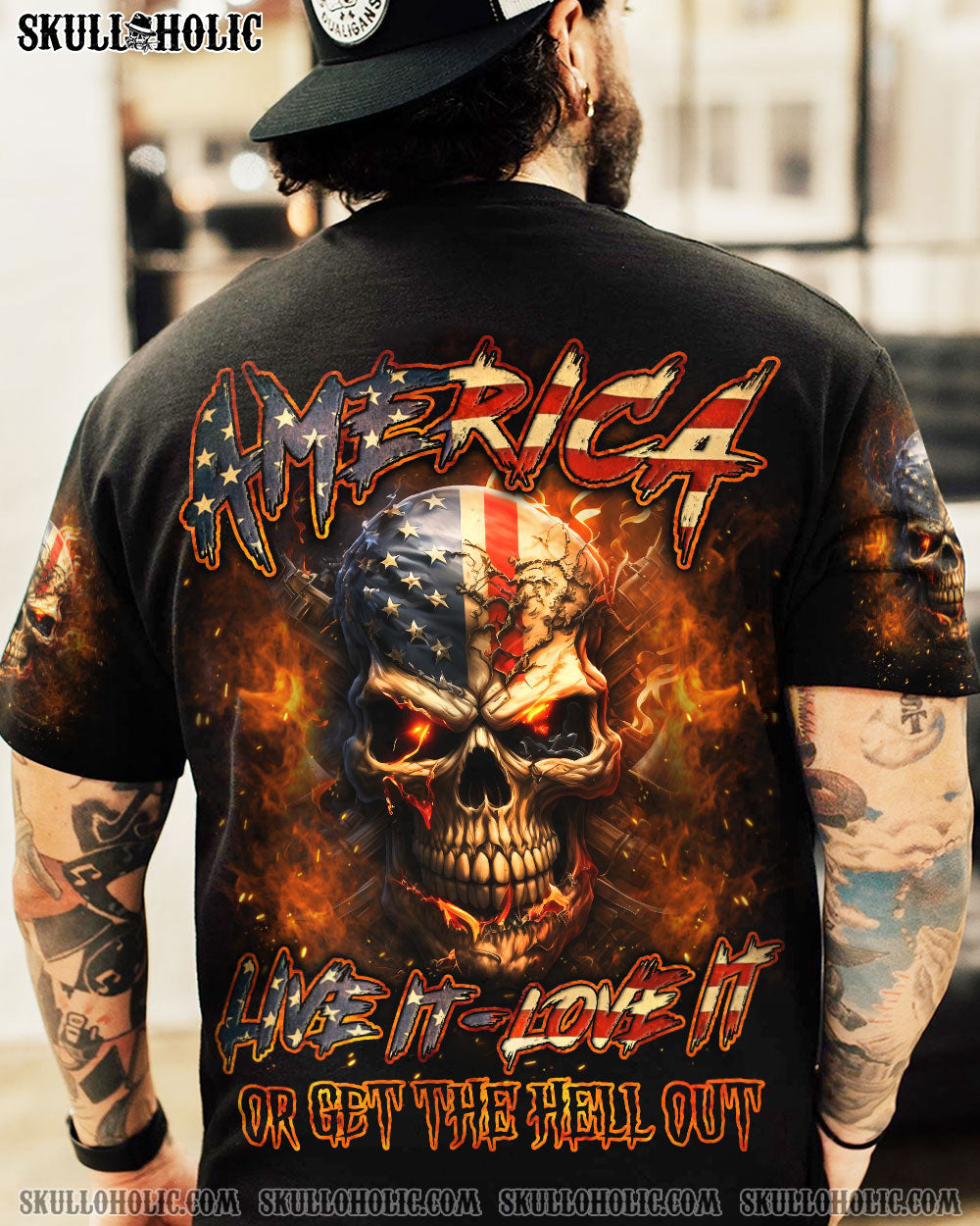 AMERICA LIVE IT LOVE IT OR GET THE HELL OUT SKULL ALL OVER PRINT - YHLN2007231