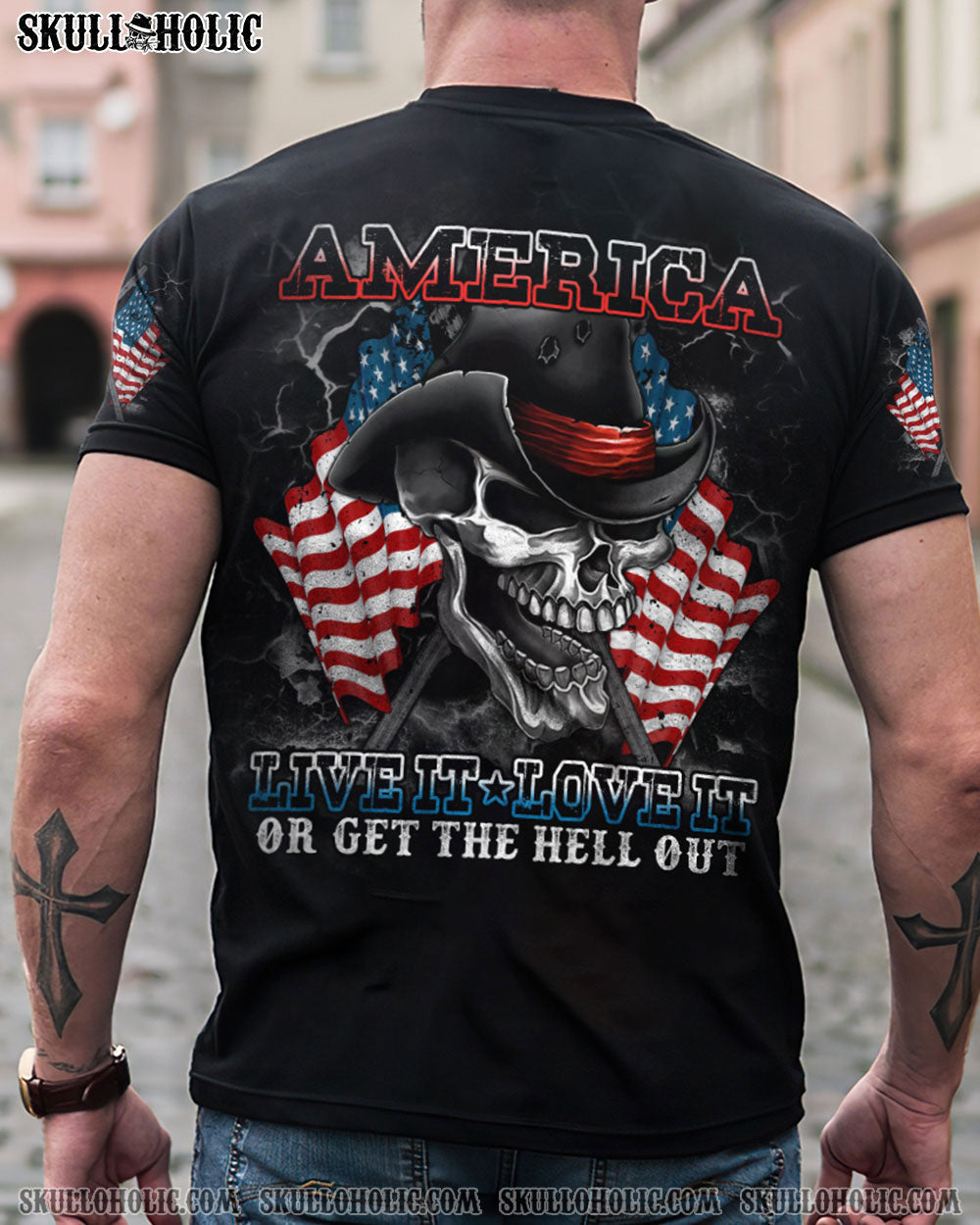 AMERICA LIVE IT LOVE IT SKULL WITH FLAG ALL OVER PRINT - TLTM2109222