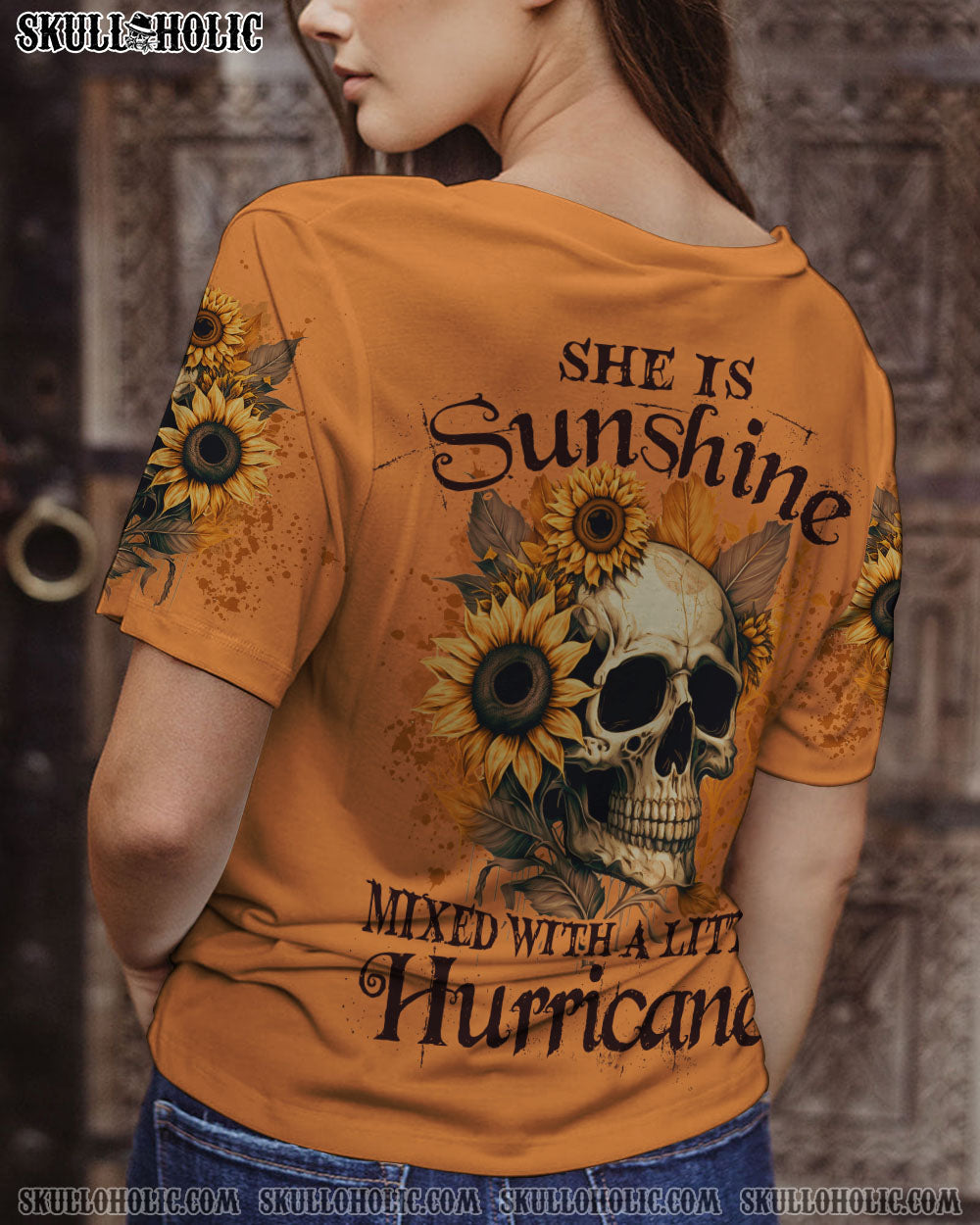 SHE IS SUNSHINE SUNFLOWER SKULL ALL OVER PRINT - YHLN0902231