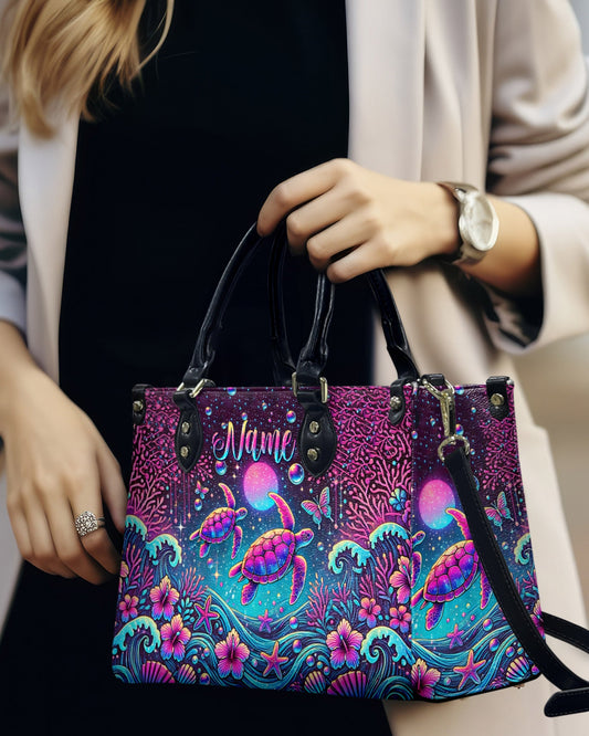 Sea Turtle Under Moon Leather Handbag