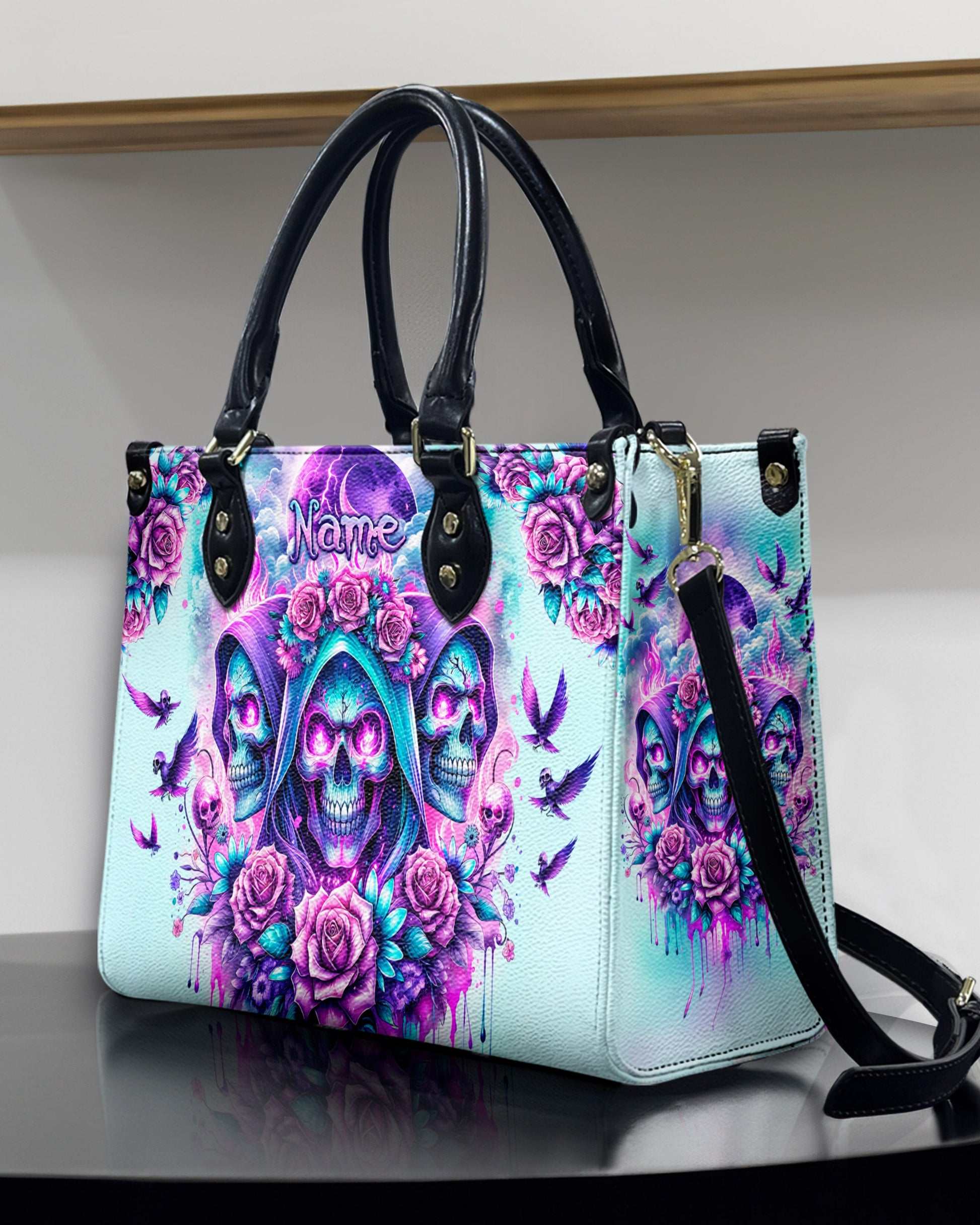 THREE SKULL REAPER ROSES LEATHER HANDBAG - TLPQ2503242