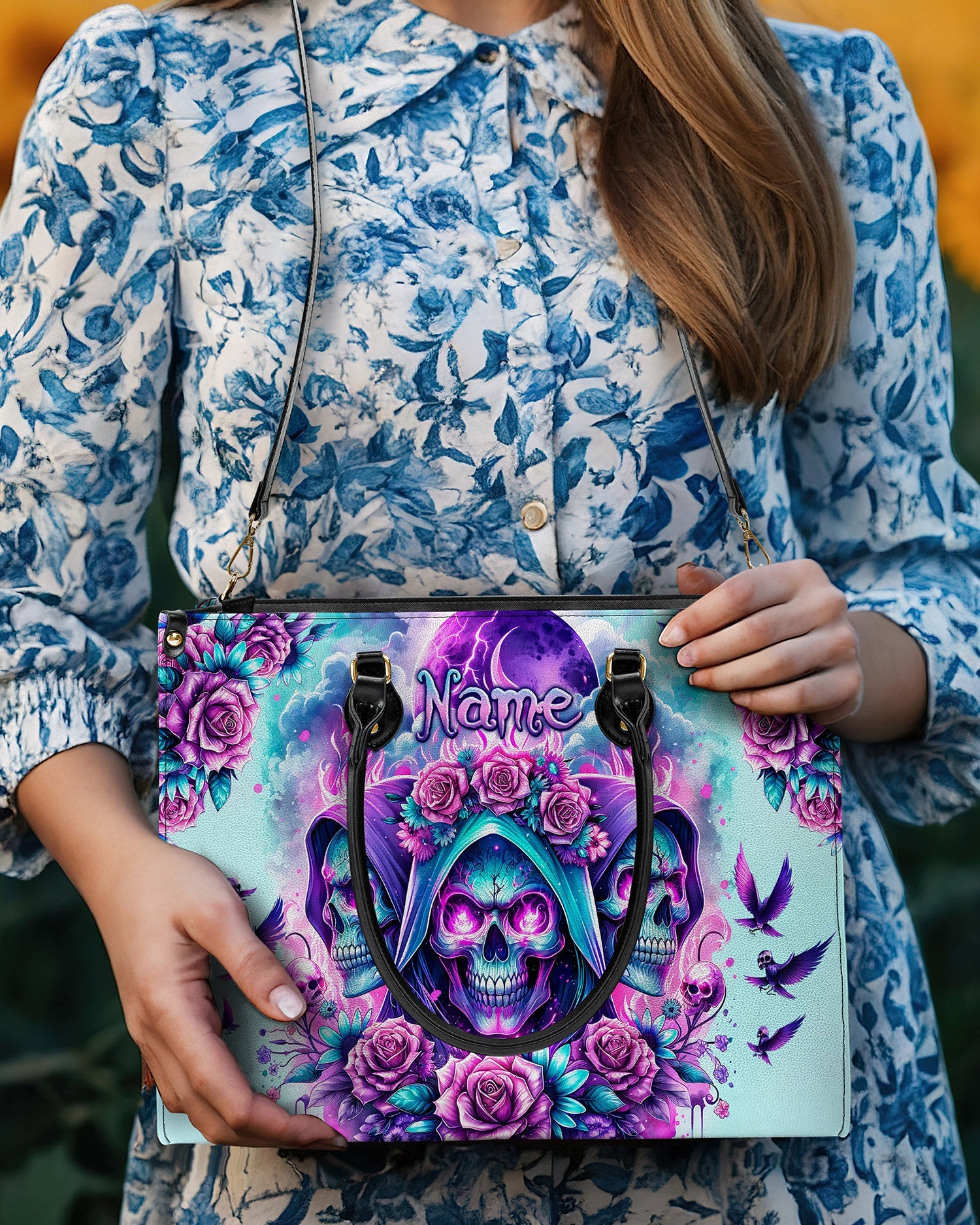 THREE SKULL REAPER ROSES LEATHER HANDBAG - TLPQ2503242