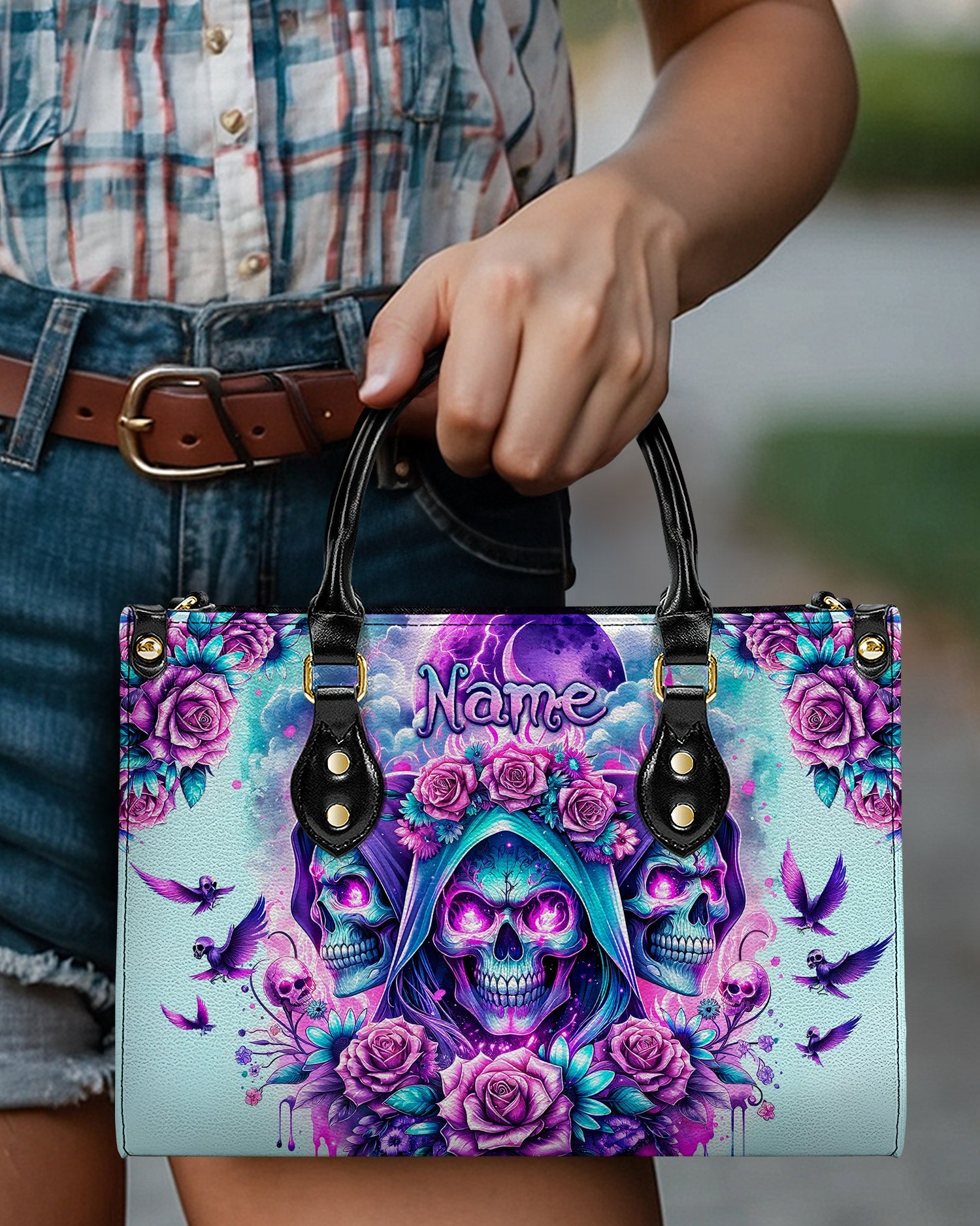 THREE SKULL REAPER ROSES LEATHER HANDBAG - TLPQ2503242