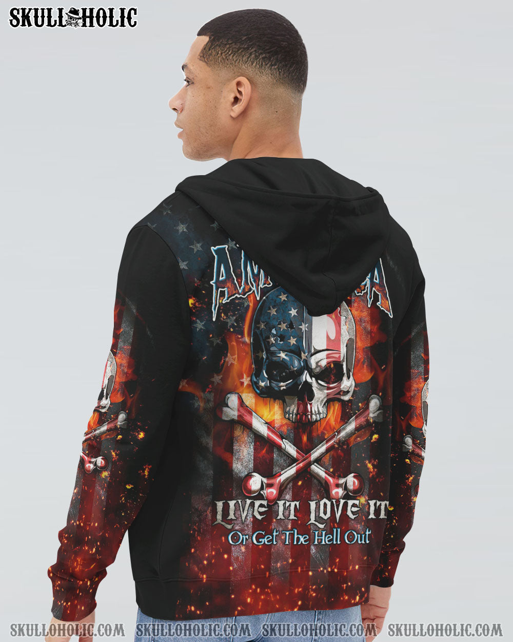 AMERICA LIVE IT LOVE IT OR GET THE HELL OUT SKULL FLAG ALL OVER PRINT - TLTW1005232
