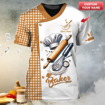 BigCrowns | Elegant Whisk & Rolling Pin on Classic White Personalized Baker Shirt