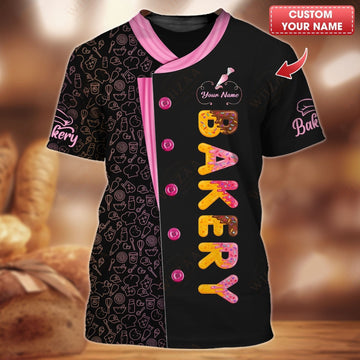 BigCrowns | Colorful Donut Lettering with Patisserie Pattern Trim Personalized Baker Shirt