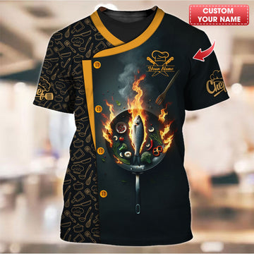 BigCrowns | Fiery Pan with Flaming Fish and Vegetables Design Personalized Chef Shirt