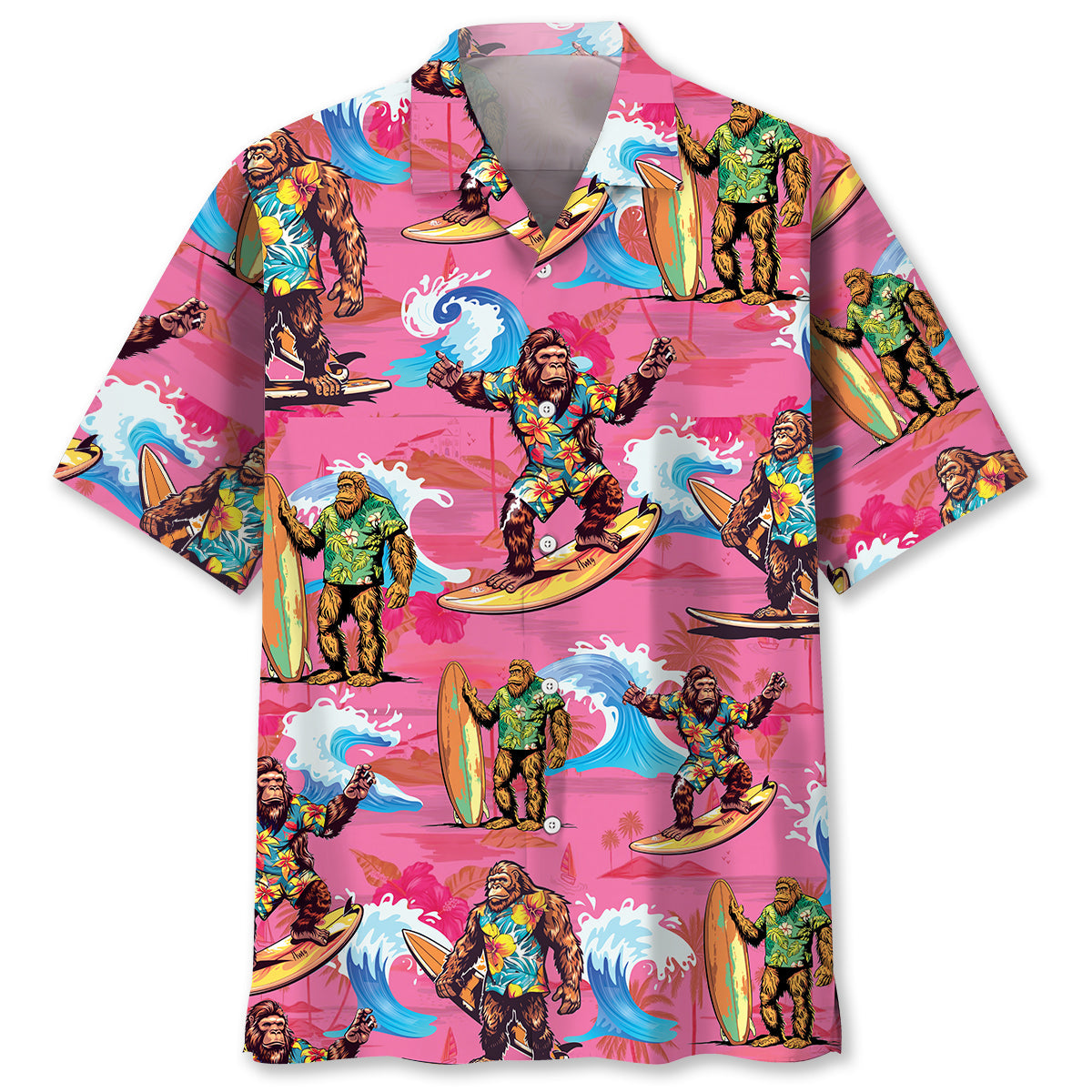 Bigfoot Surfing Red Beach Hawaiian Shirt