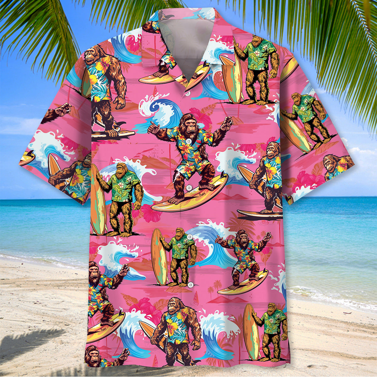Bigfoot Surfing Red Beach Hawaiian Shirt