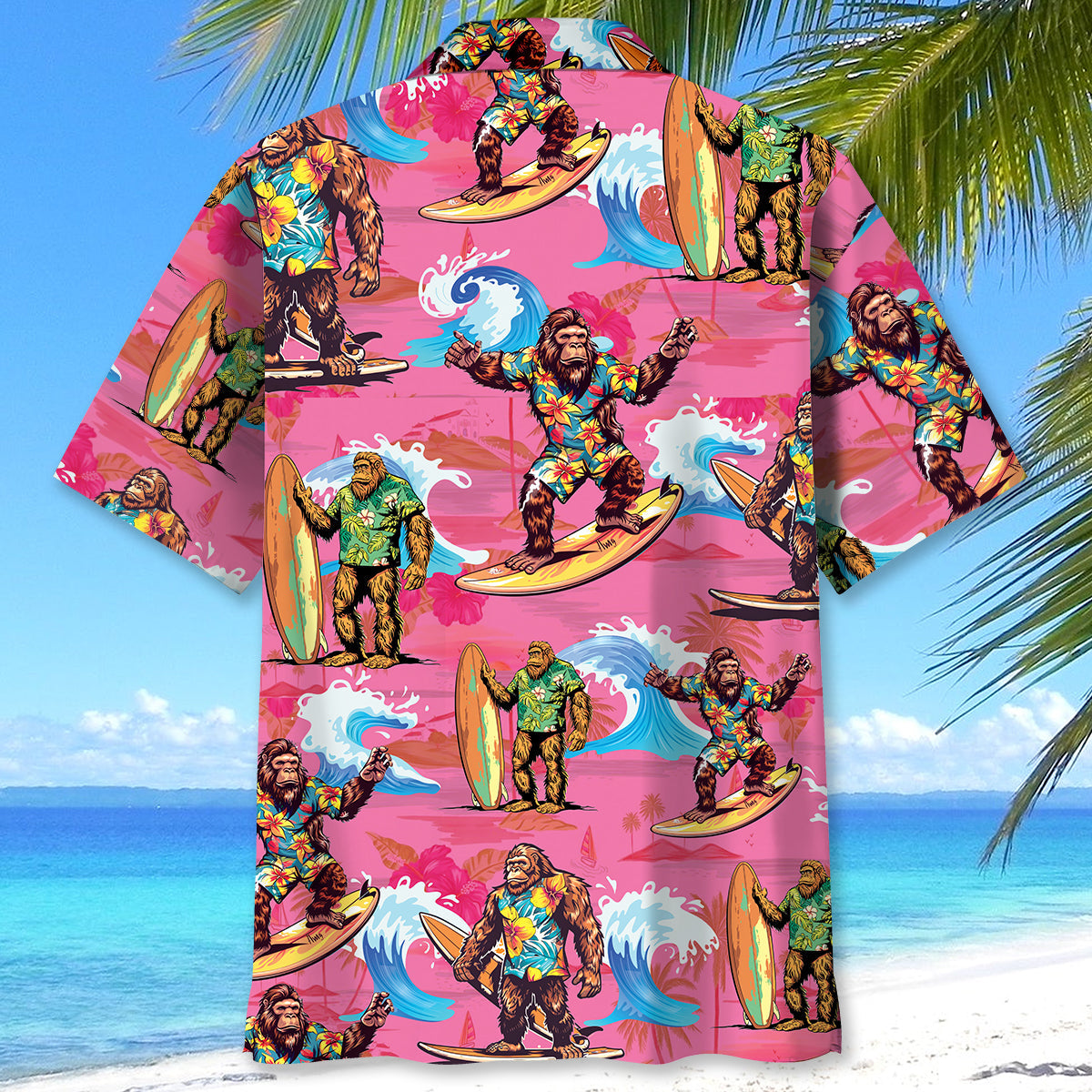 Bigfoot Surfing Red Beach Hawaiian Shirt