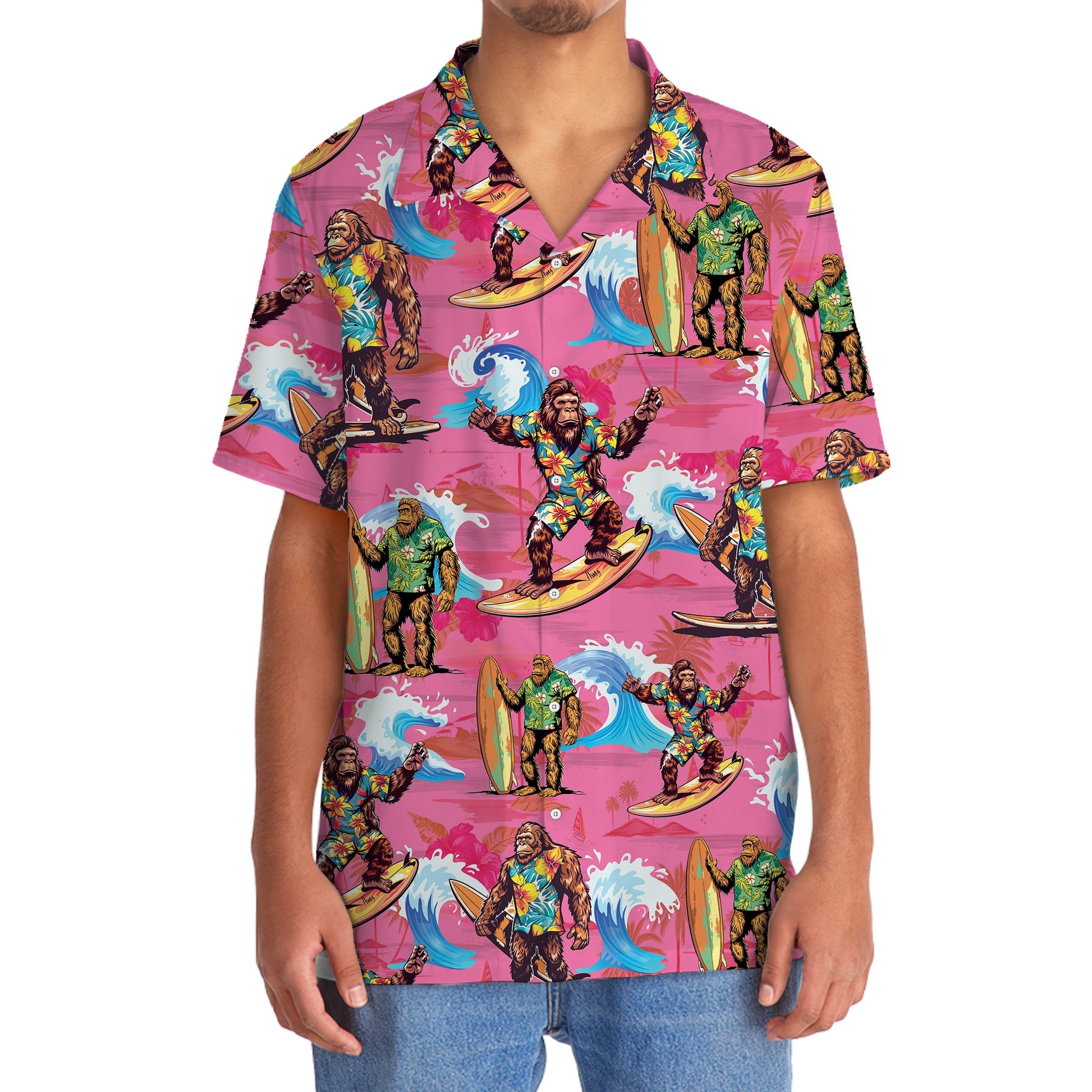 Bigfoot Surfing Red Beach Hawaiian Shirt