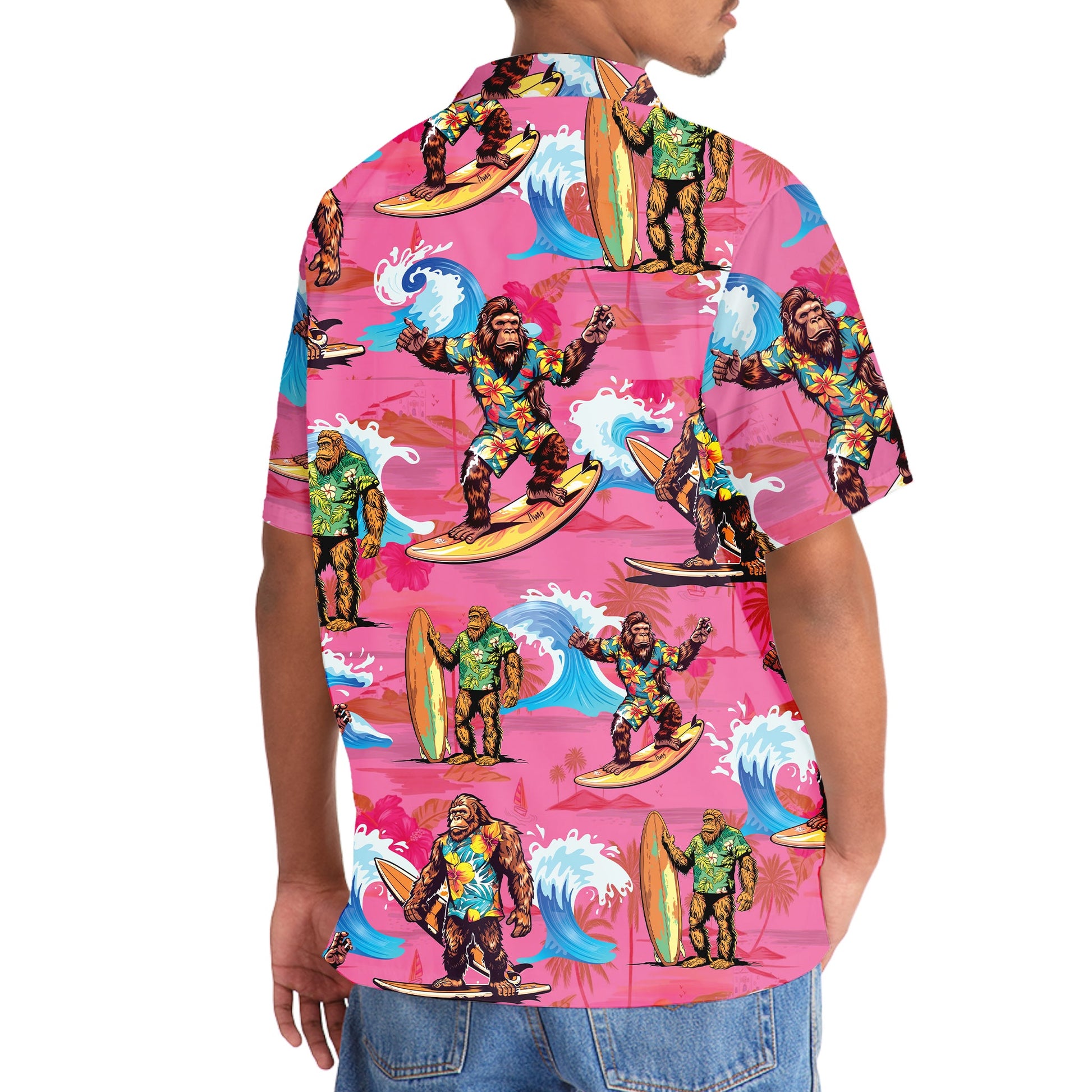Bigfoot Surfing Red Beach Hawaiian Shirt