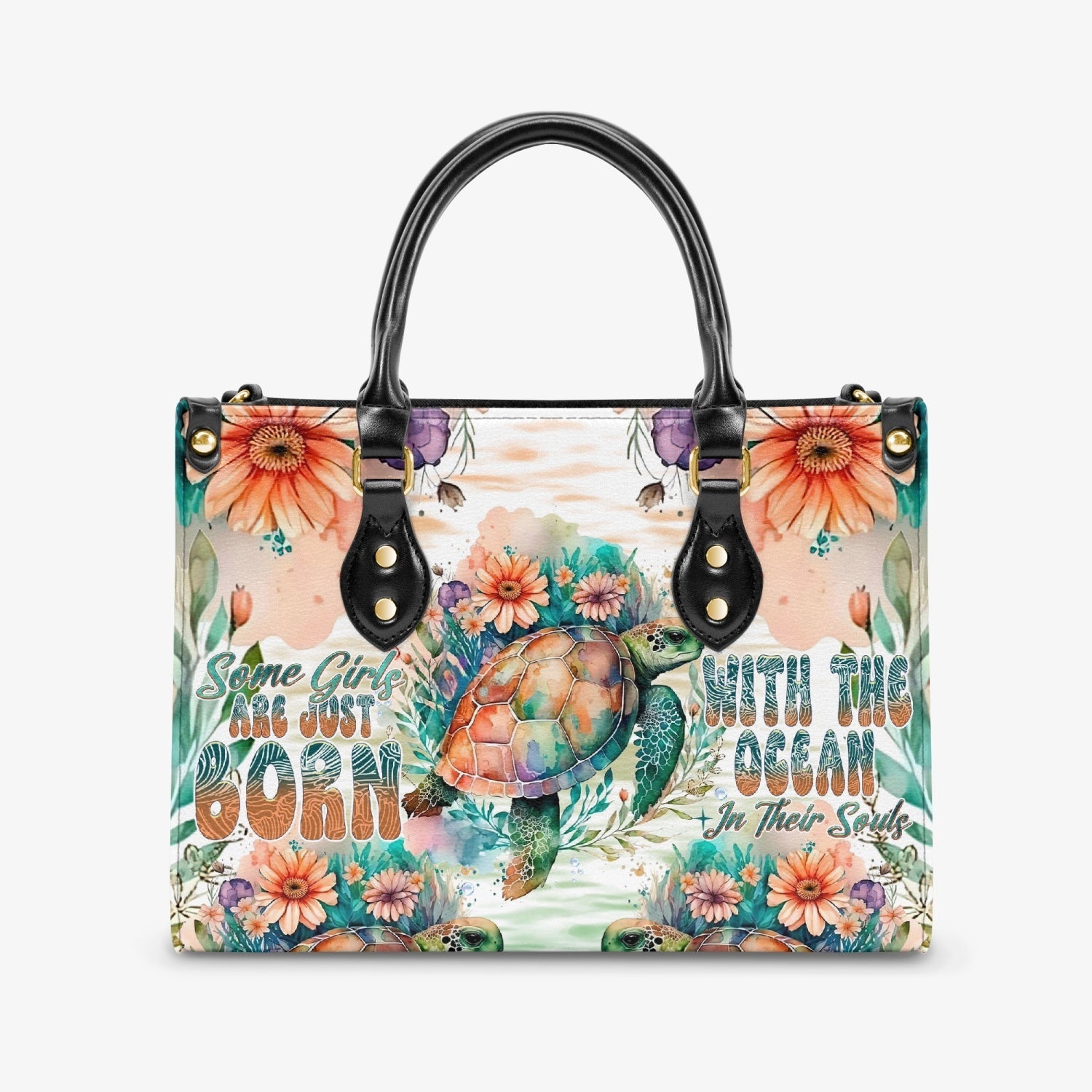 Bigcrowns SOME GIRLS ARE JUST BORN TURLTE WATERCOLOR LEATHER HANDBAG T1104247
