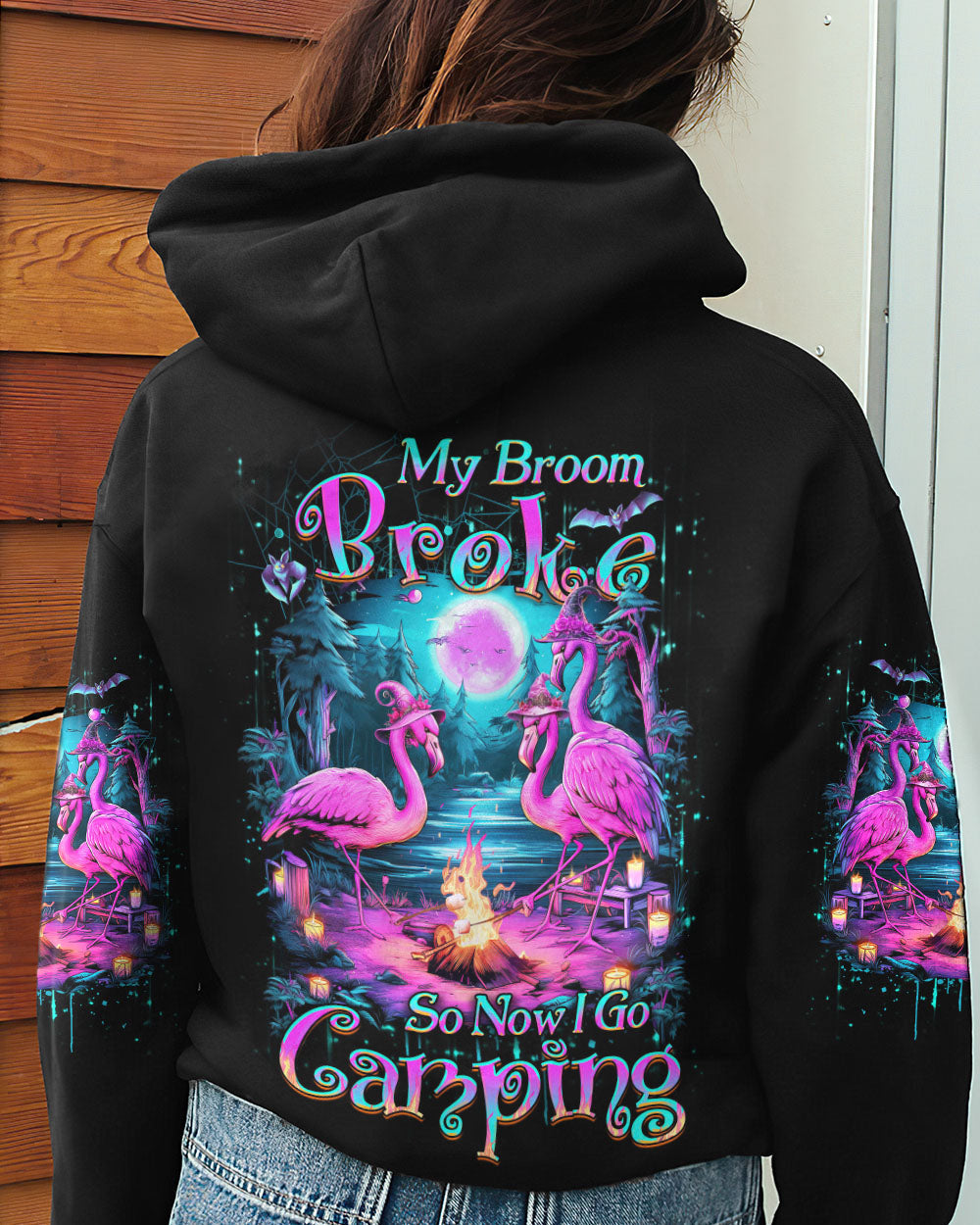 MY BROOM BROKE SO NOW FLAMINGO HALLOWEEN CAMPING ALL OVER PRINT - YHDU2808233