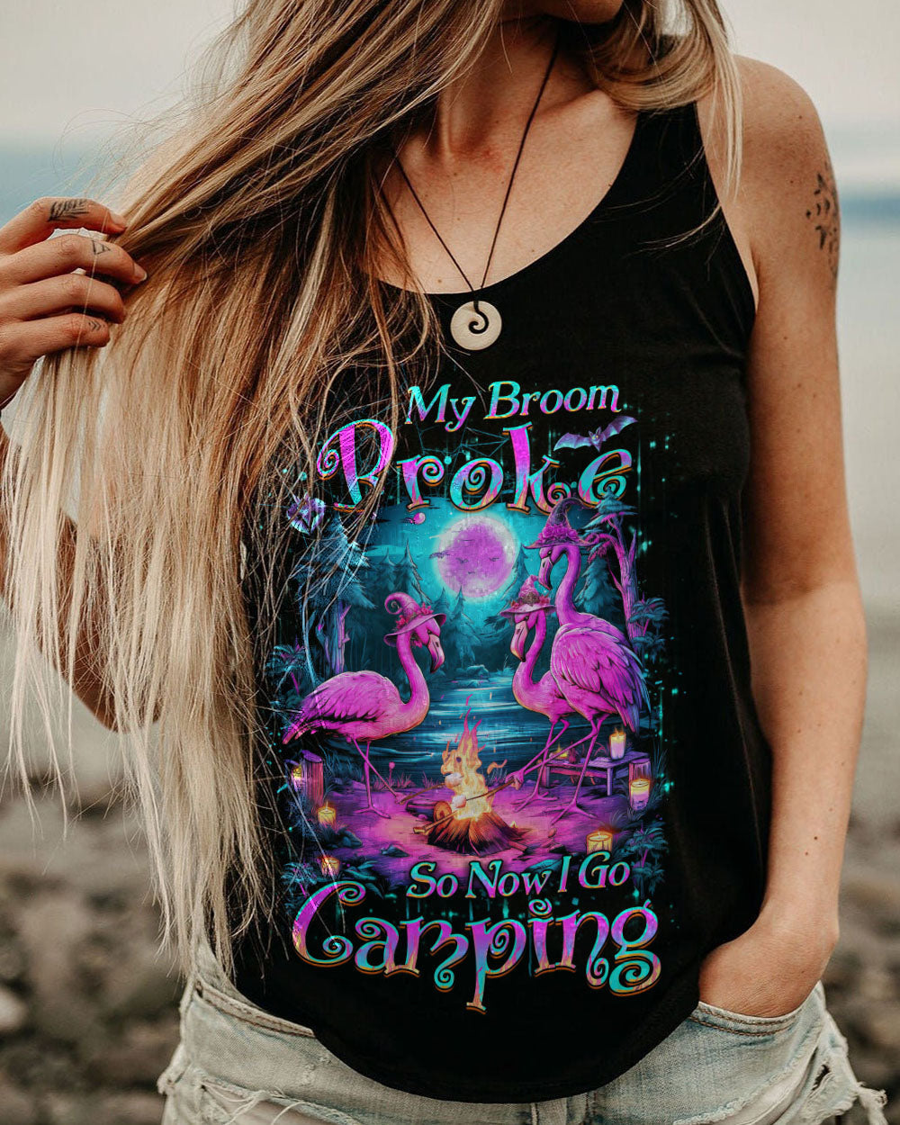 MY BROOM BROKE SO NOW FLAMINGO HALLOWEEN CAMPING ALL OVER PRINT - YHDU2808233