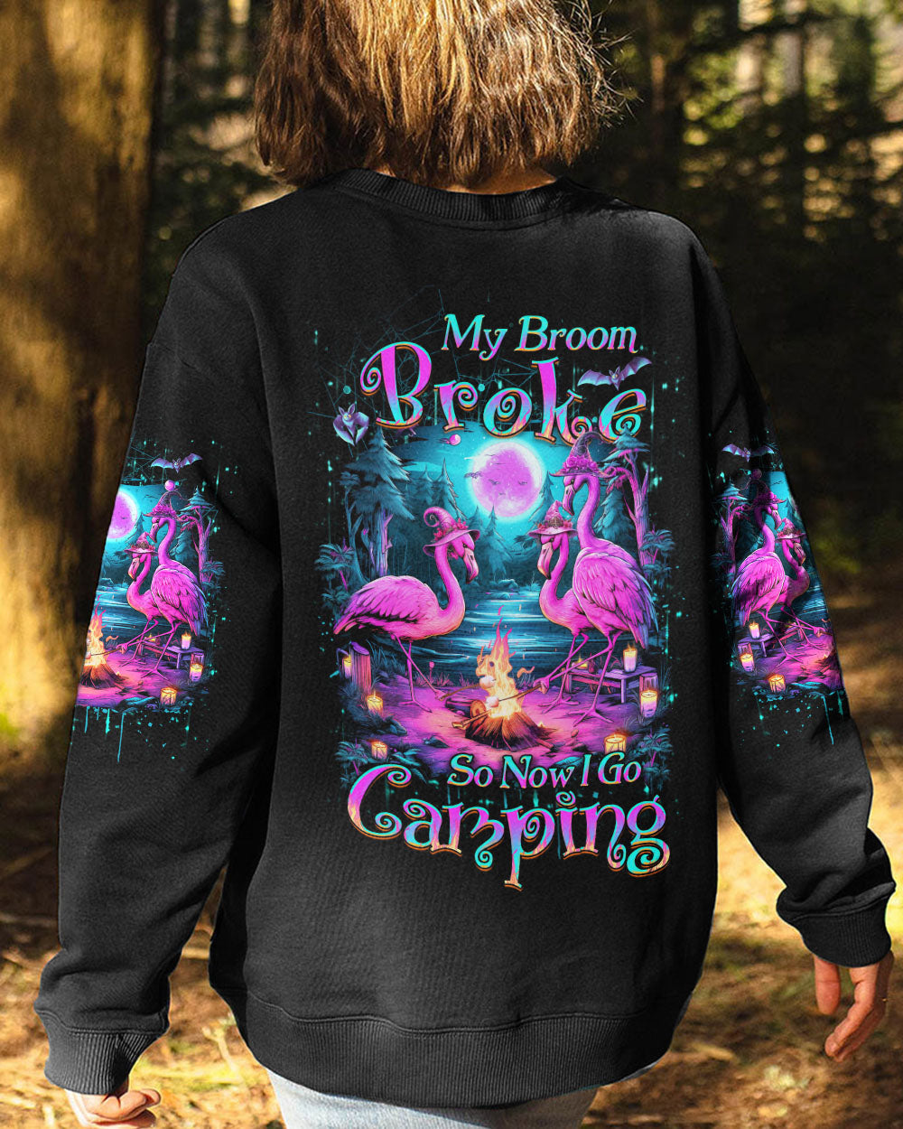MY BROOM BROKE SO NOW FLAMINGO HALLOWEEN CAMPING ALL OVER PRINT - YHDU2808233