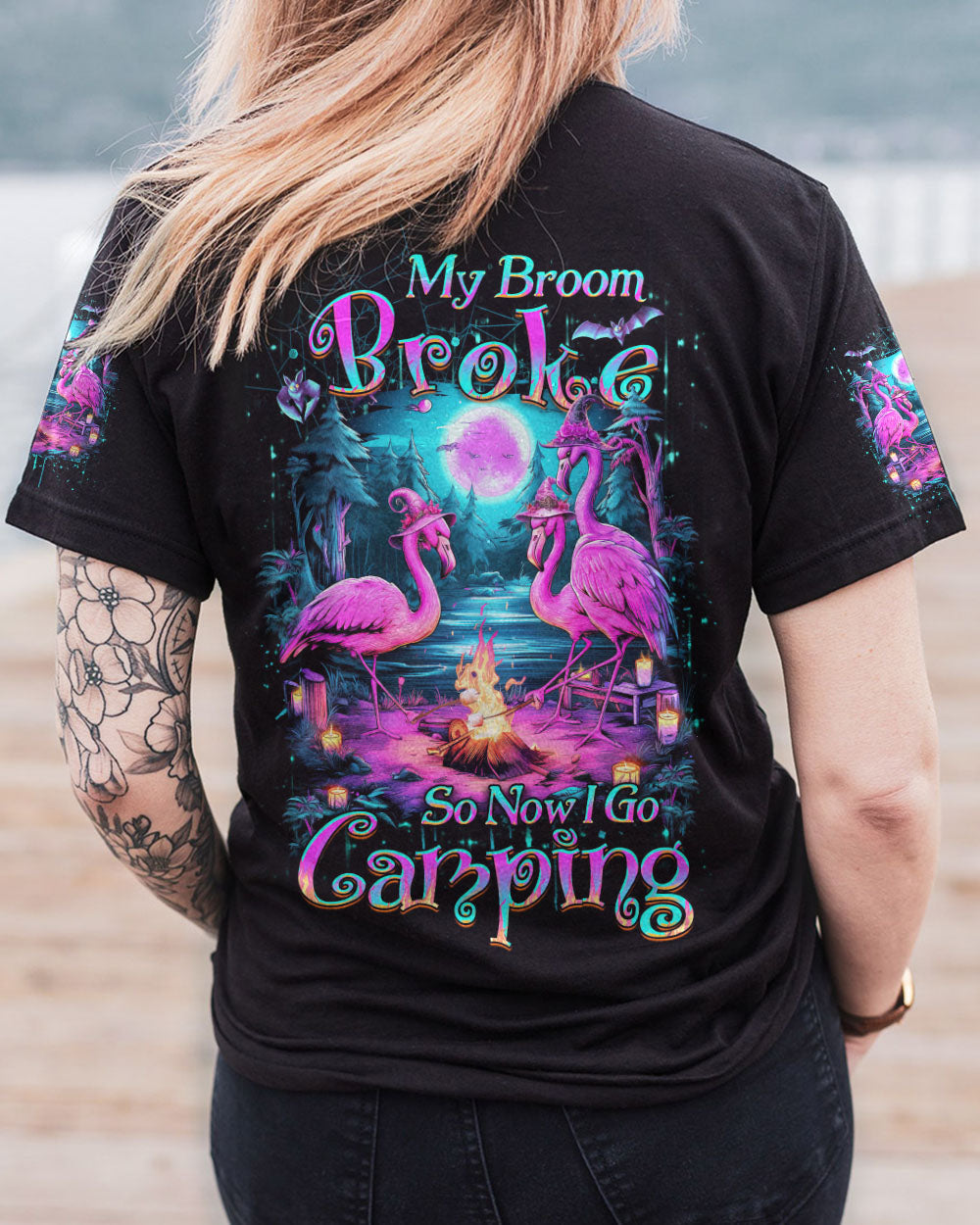 MY BROOM BROKE SO NOW FLAMINGO HALLOWEEN CAMPING ALL OVER PRINT - YHDU2808233
