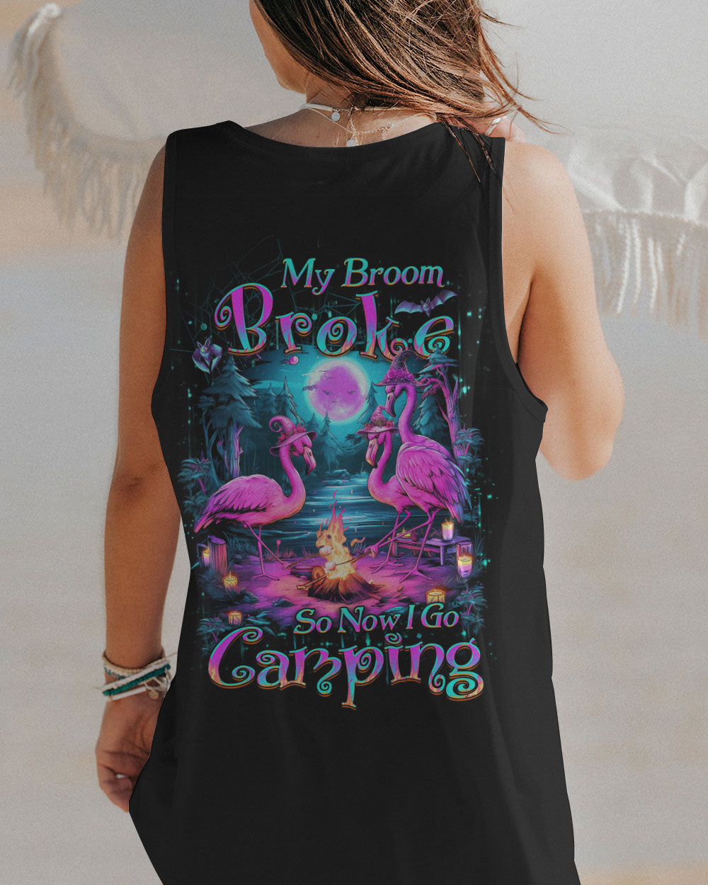 MY BROOM BROKE SO NOW FLAMINGO HALLOWEEN CAMPING ALL OVER PRINT - YHDU2808233