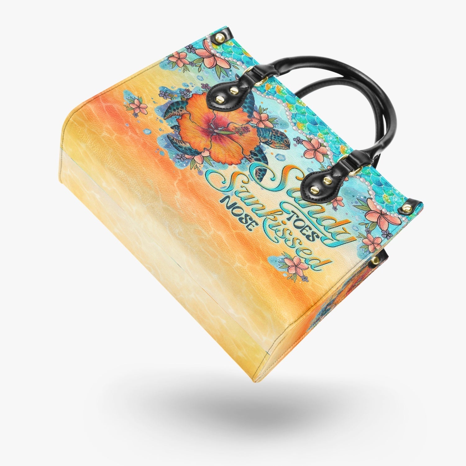 Bigcrowns SANDY TOES SUNKISSED NOSE TURTLE HIBISCUS LEATHER HANDBAG W3003242