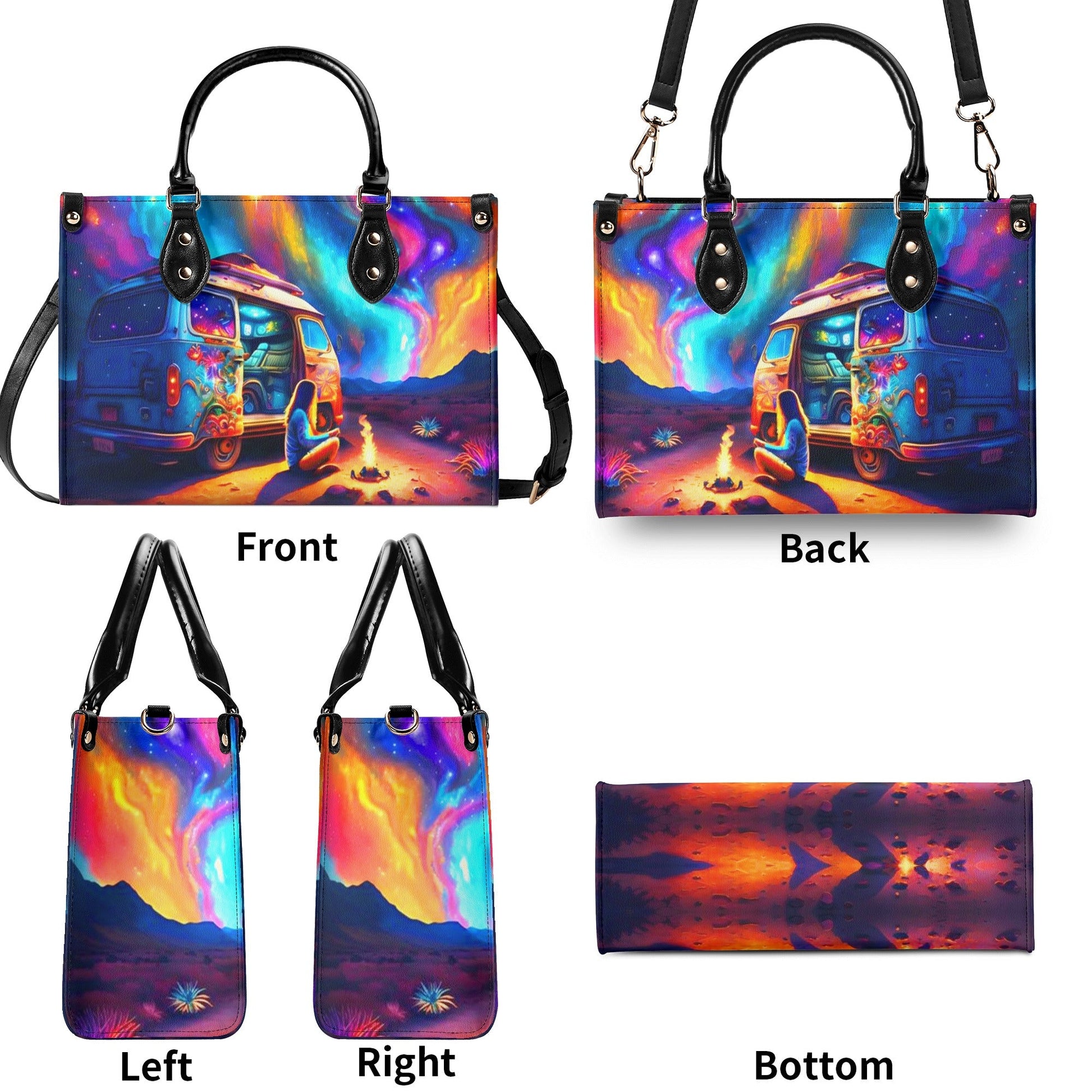 Bigcrowns CAMPING AT NIGHT WITH CAMPFIRE LEATHER HANDBAG YHDU1012244