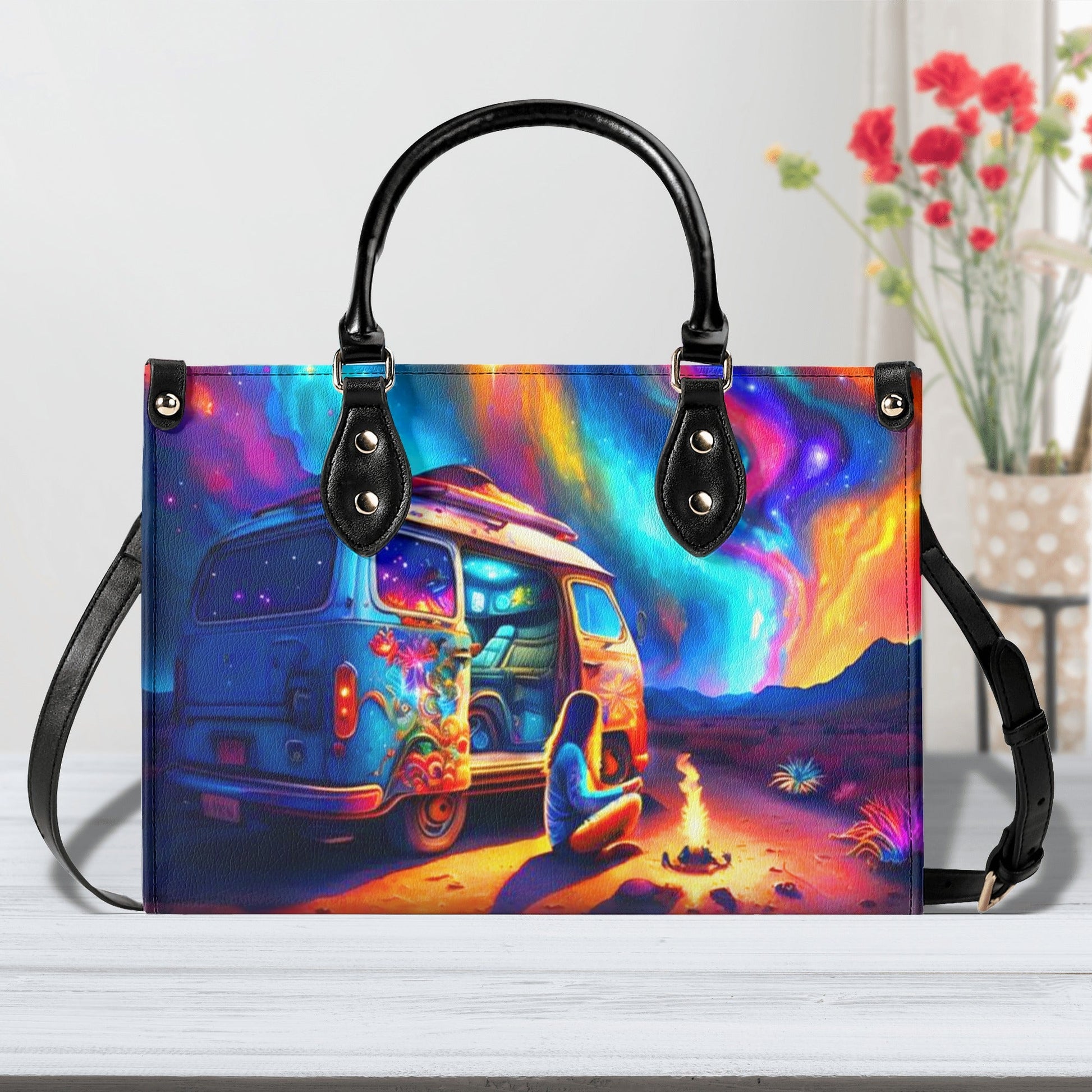 Bigcrowns CAMPING AT NIGHT WITH CAMPFIRE LEATHER HANDBAG YHDU1012244