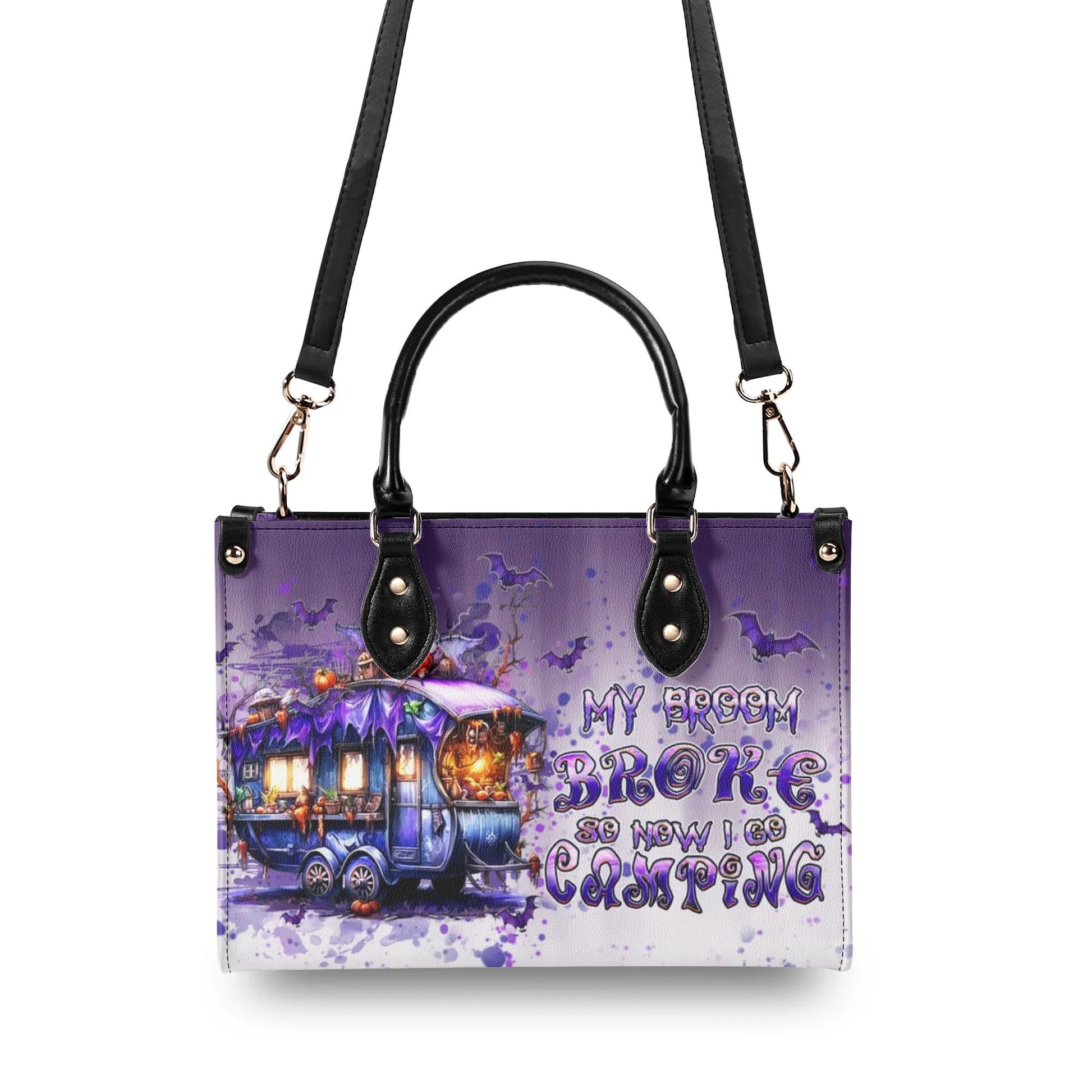 Bigcrowns MY BROOM BROKE CAMPING HALLOWEEN LEATHER HANDBAG N1109244