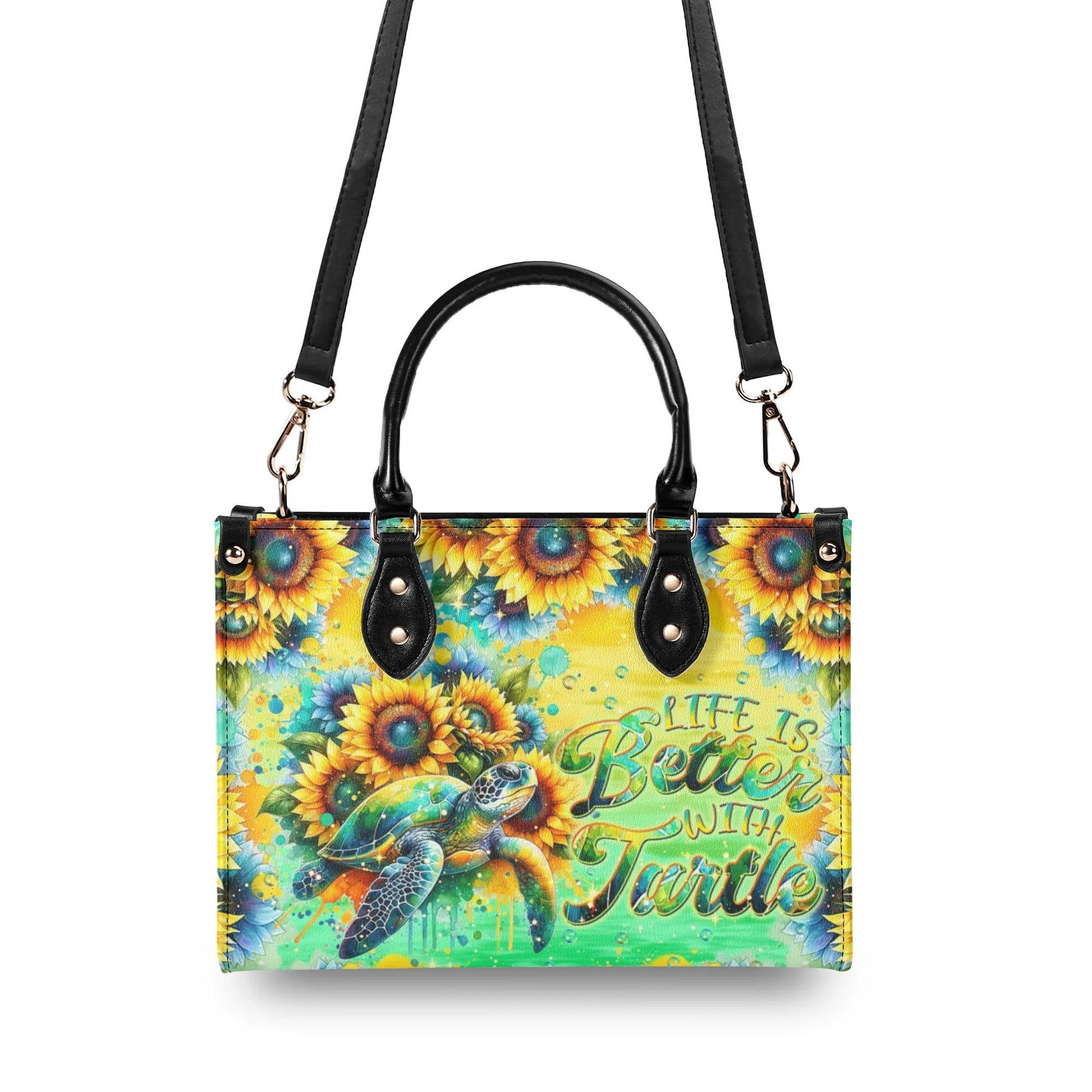 Bigcrowns LIFE IS BETTER WITH TURTLE SUNFLOWER LEATHER HANDBAG T2108244