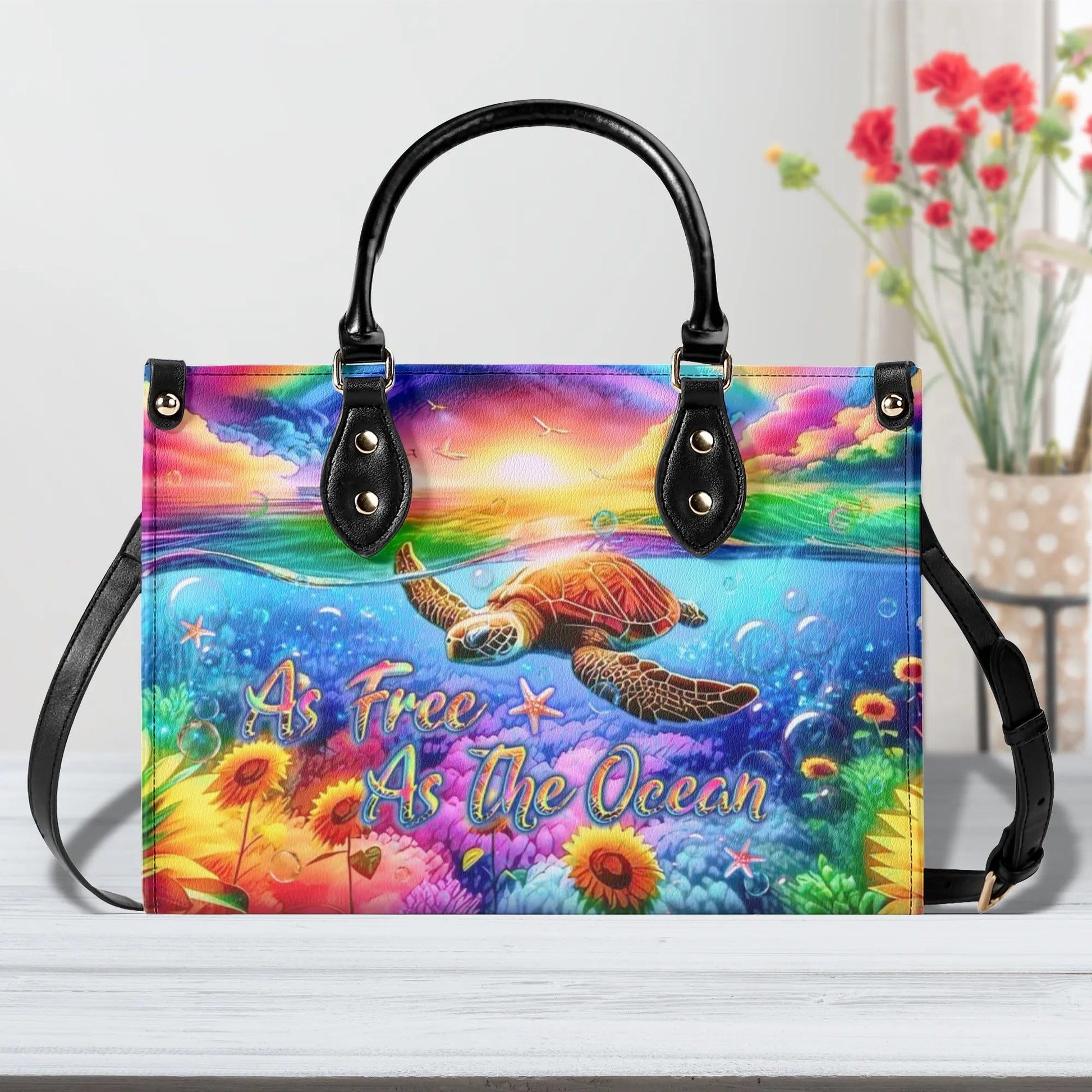 Bigcrowns AS FREE AS THE OCEAN TURTLE SUNFLOWERS LEATHER HANDBAG T1507241