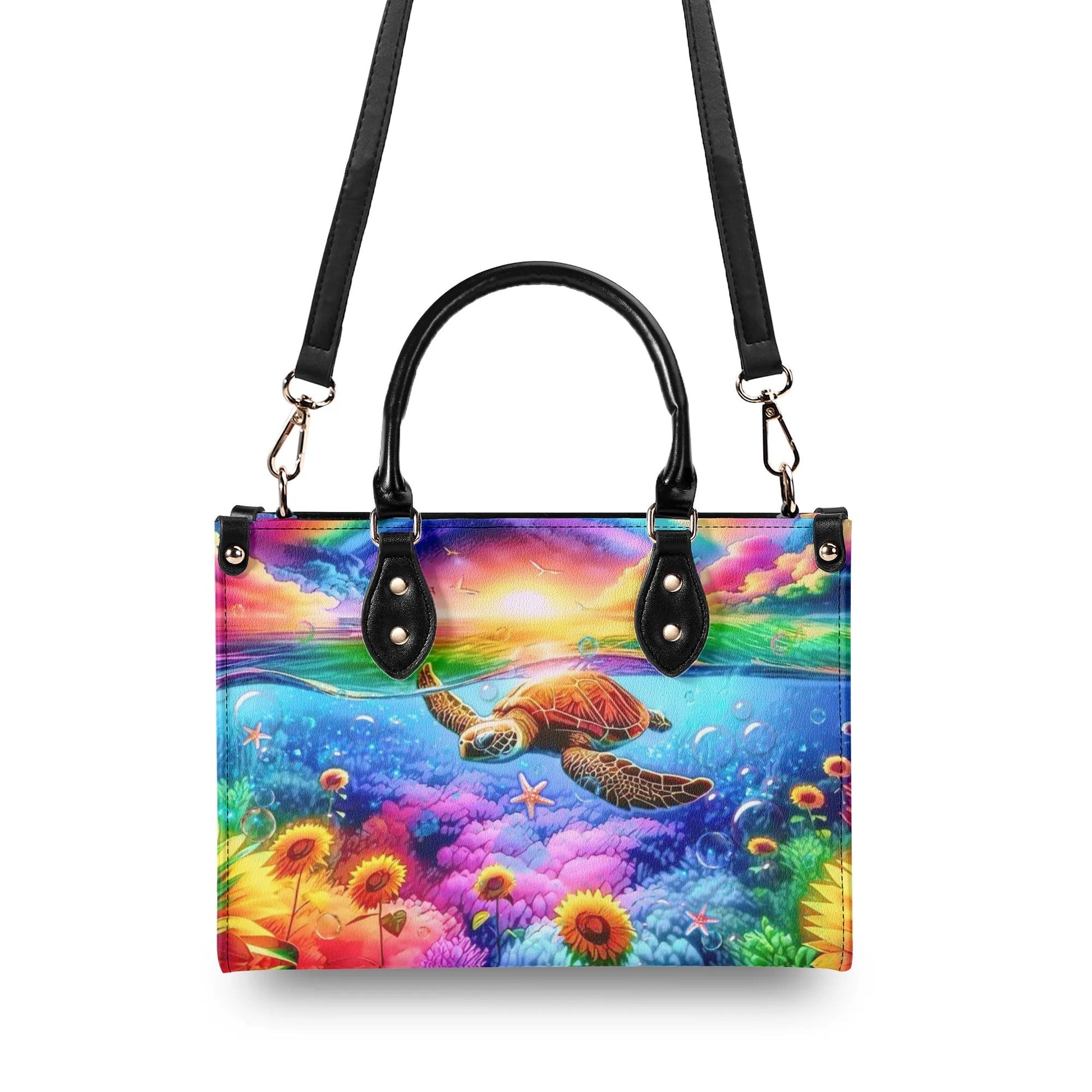 Bigcrowns AS FREE AS THE OCEAN TURTLE SUNFLOWERS LEATHER HANDBAG T1507241