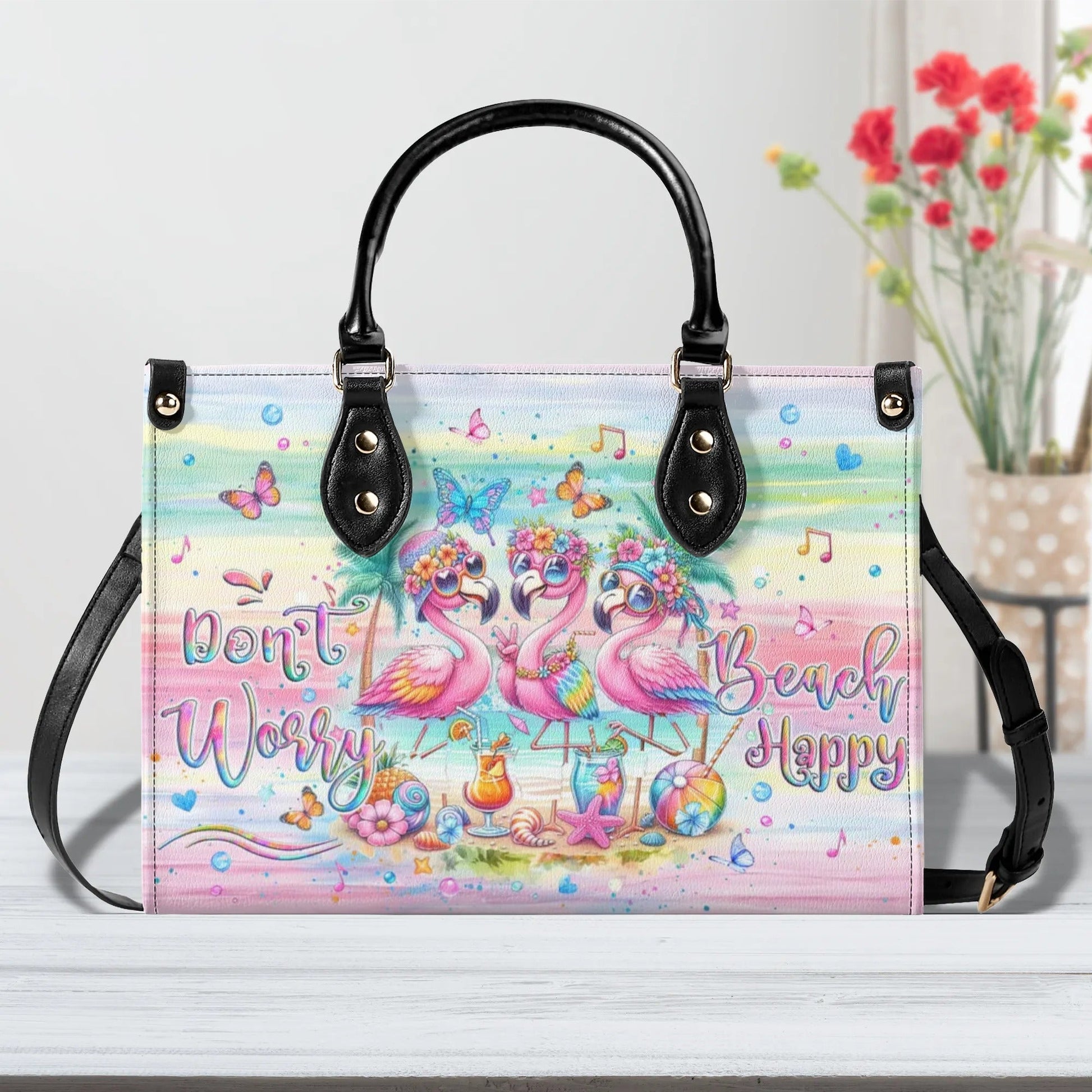 Bigcrowns DON'T WORRY BEACH HAPPY FLAMINGO LEATHER HANDBAG T2507243