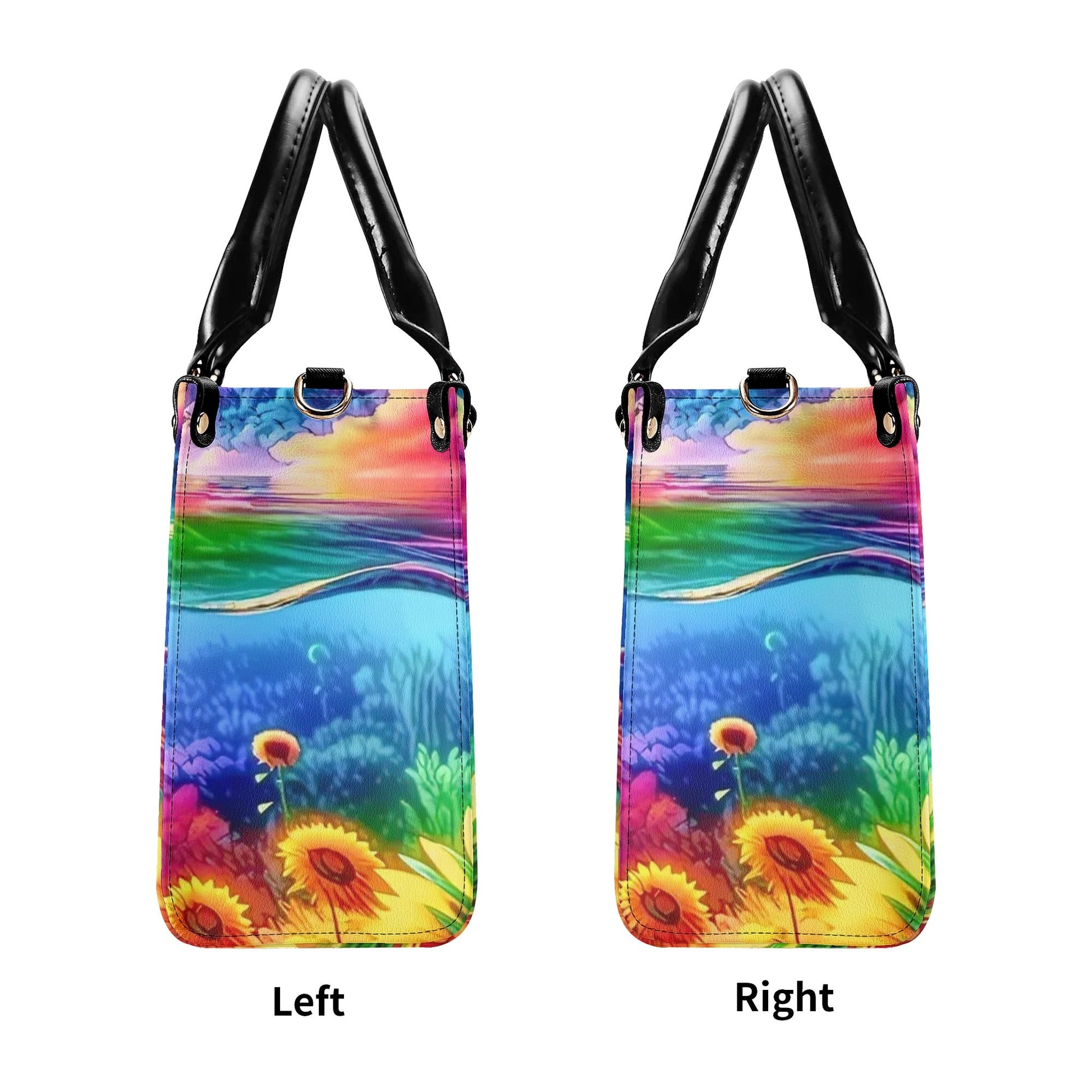 Bigcrowns AS FREE AS THE OCEAN TURTLE SUNFLOWERS LEATHER HANDBAG T1507241
