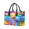Bigcrowns AS FREE AS THE OCEAN TURTLE SUNFLOWERS LEATHER HANDBAG T1507241