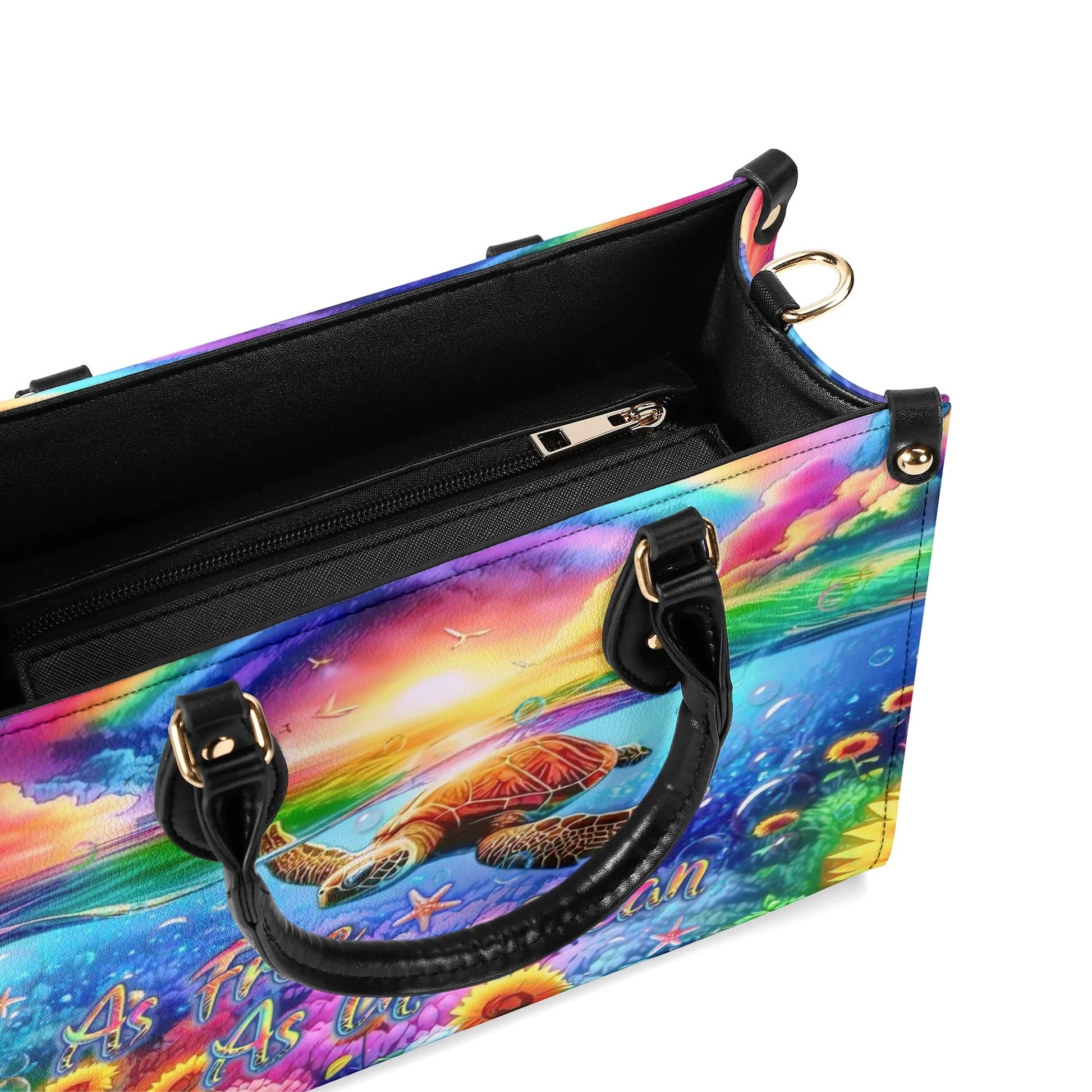 Bigcrowns AS FREE AS THE OCEAN TURTLE SUNFLOWERS LEATHER HANDBAG T1507241