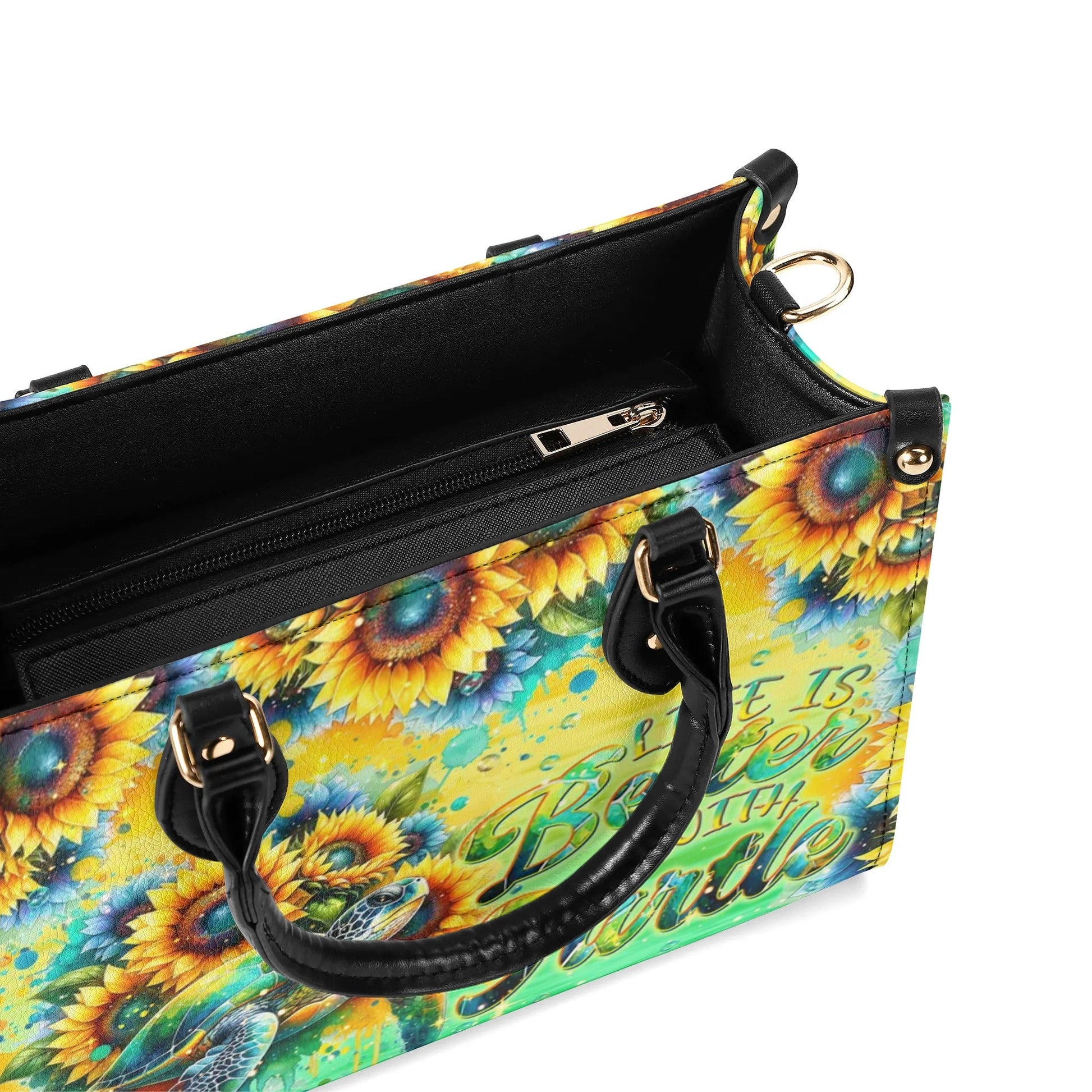 Bigcrowns LIFE IS BETTER WITH TURTLE SUNFLOWER LEATHER HANDBAG T2108244