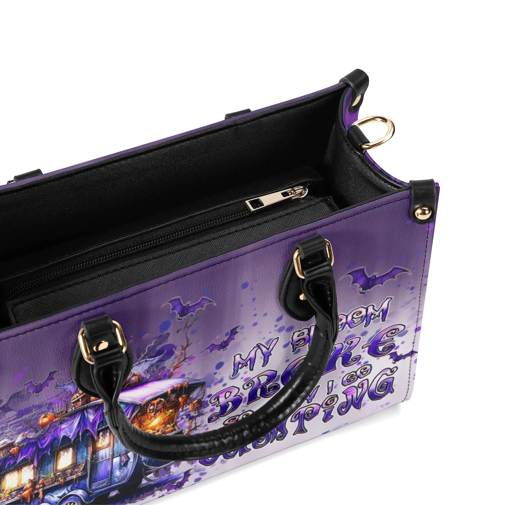 Bigcrowns MY BROOM BROKE CAMPING HALLOWEEN LEATHER HANDBAG N1109244
