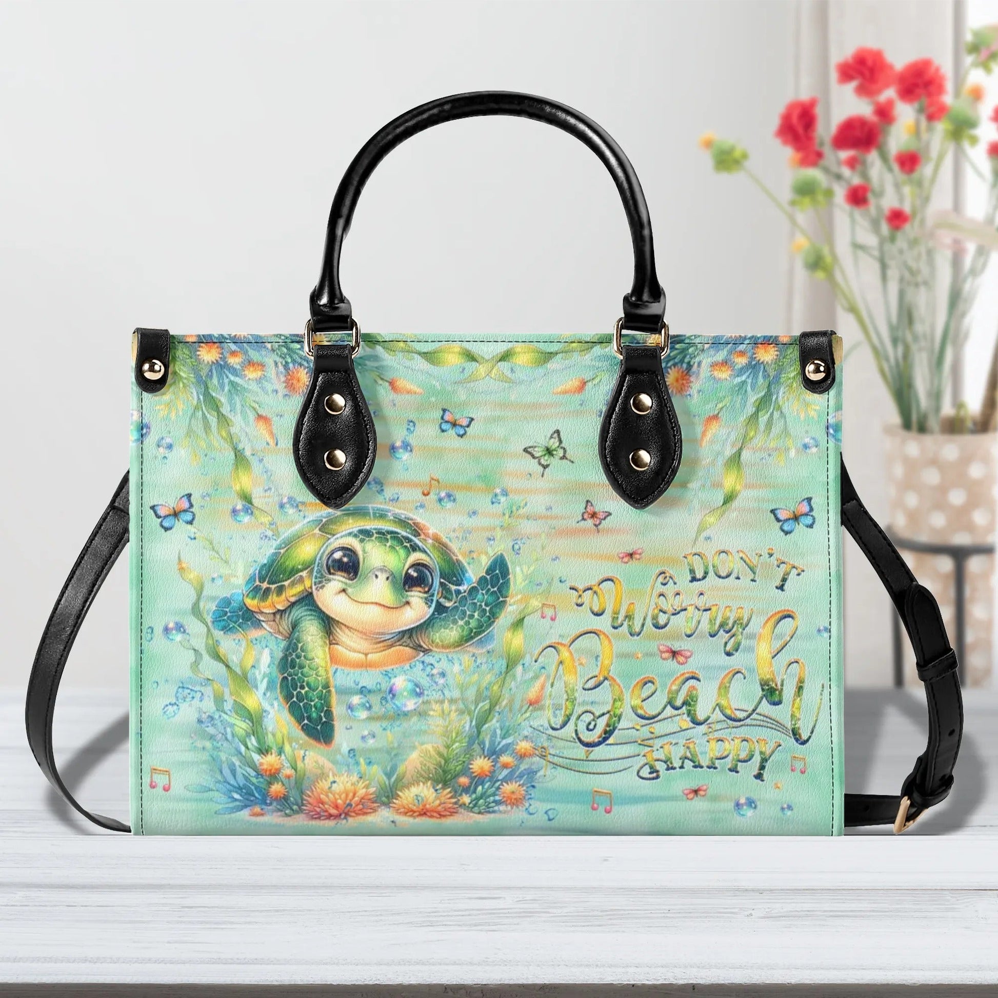 Bigcrowns DON'T WORRY BEACH HAPPY TURTLE LEATHER HANDBAG G2308241
